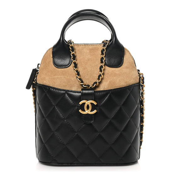 Chanel Suede Shiny Lambskin Quilted Top Handle Clutch With Chain Black Beige