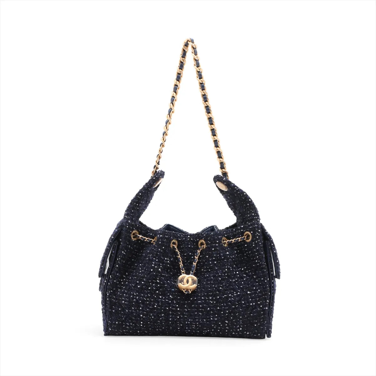 Chanel Chanel 25 Small Tweed x sequins Chain Shoulder Bag navy x black Gold Meta