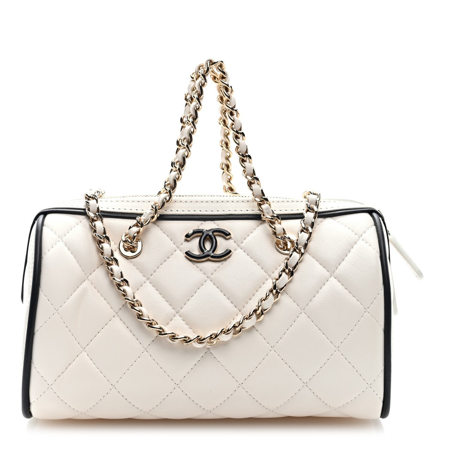 Chanel Lambskin Quilted Resin CC Mini Bowling Clutch With Chain White Black