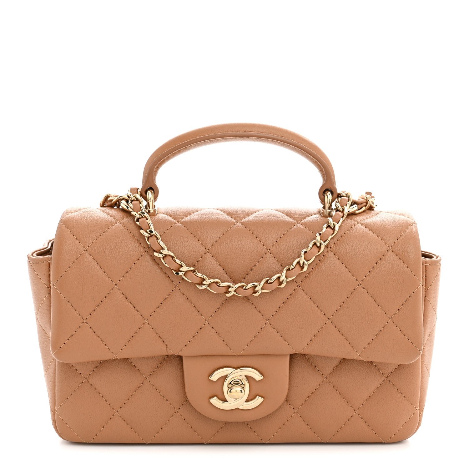 Chanel Lambskin Quilted Mini Top Handle Rectangular Flap Dark Beige
