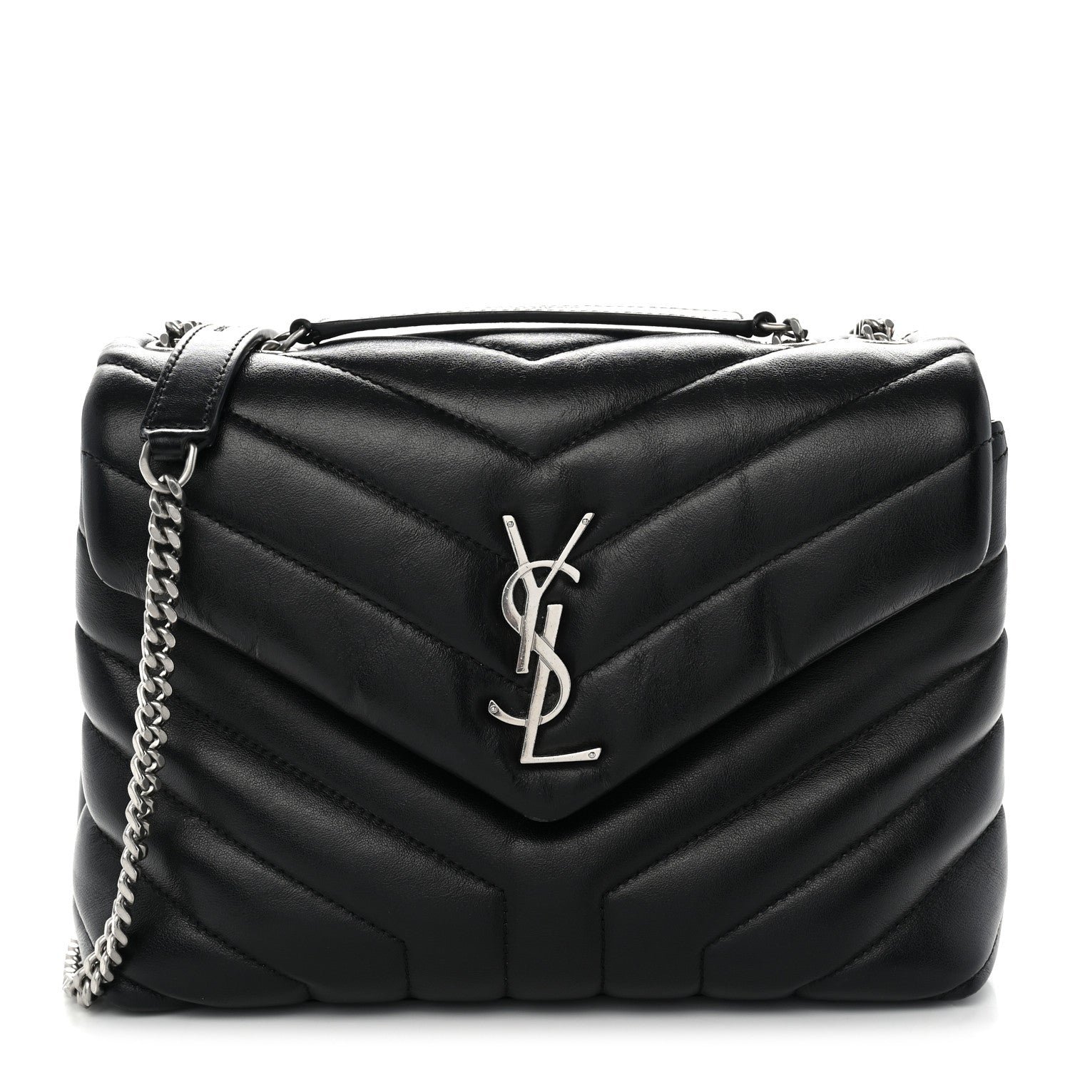 Saint Laurent Calfskin Y Quilted Monogram Small Loulou Chain Satchel Black