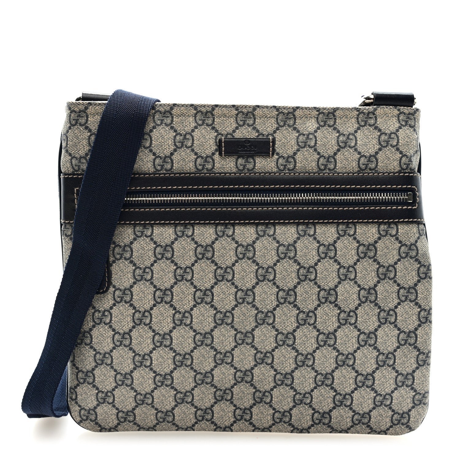 Gucci GG Supreme Monogram Small Flat Side Zip Messenger Bag Beige Blue