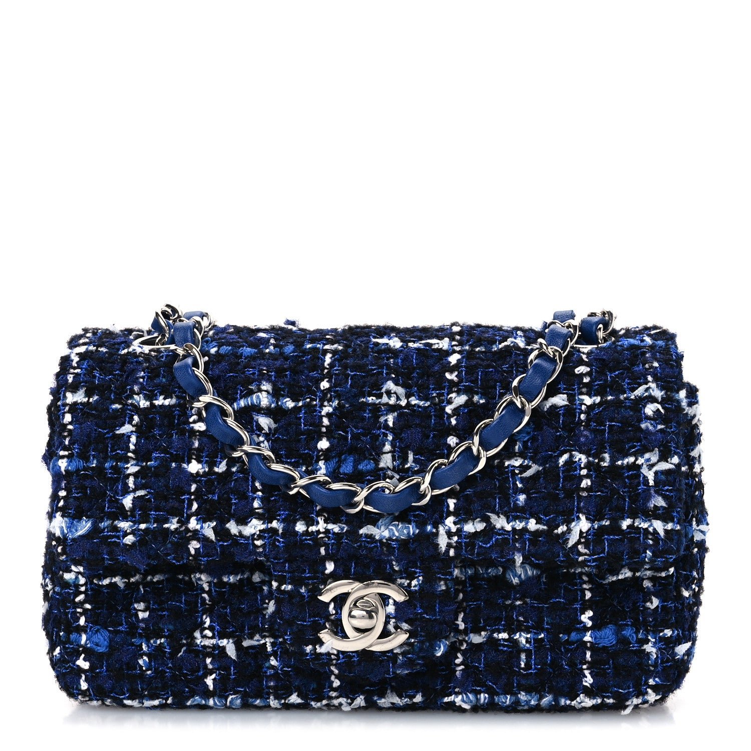 Chanel Tweed Quilted Mini Rectangular Flap Navy Blue Ecru