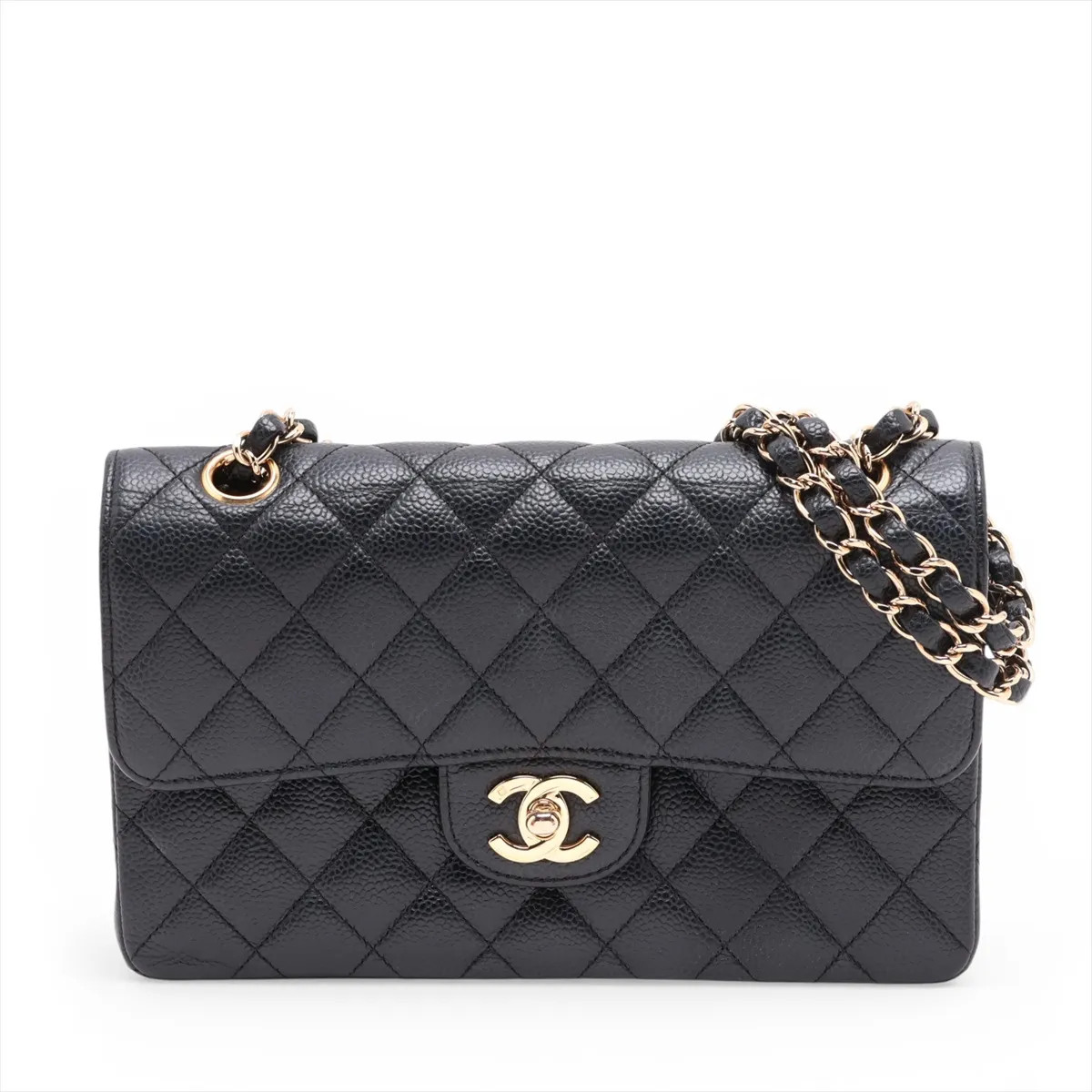 Chanel Matelasse 23 Small Caviar Skin Double Flap Double Chain Bag Black Gold Me