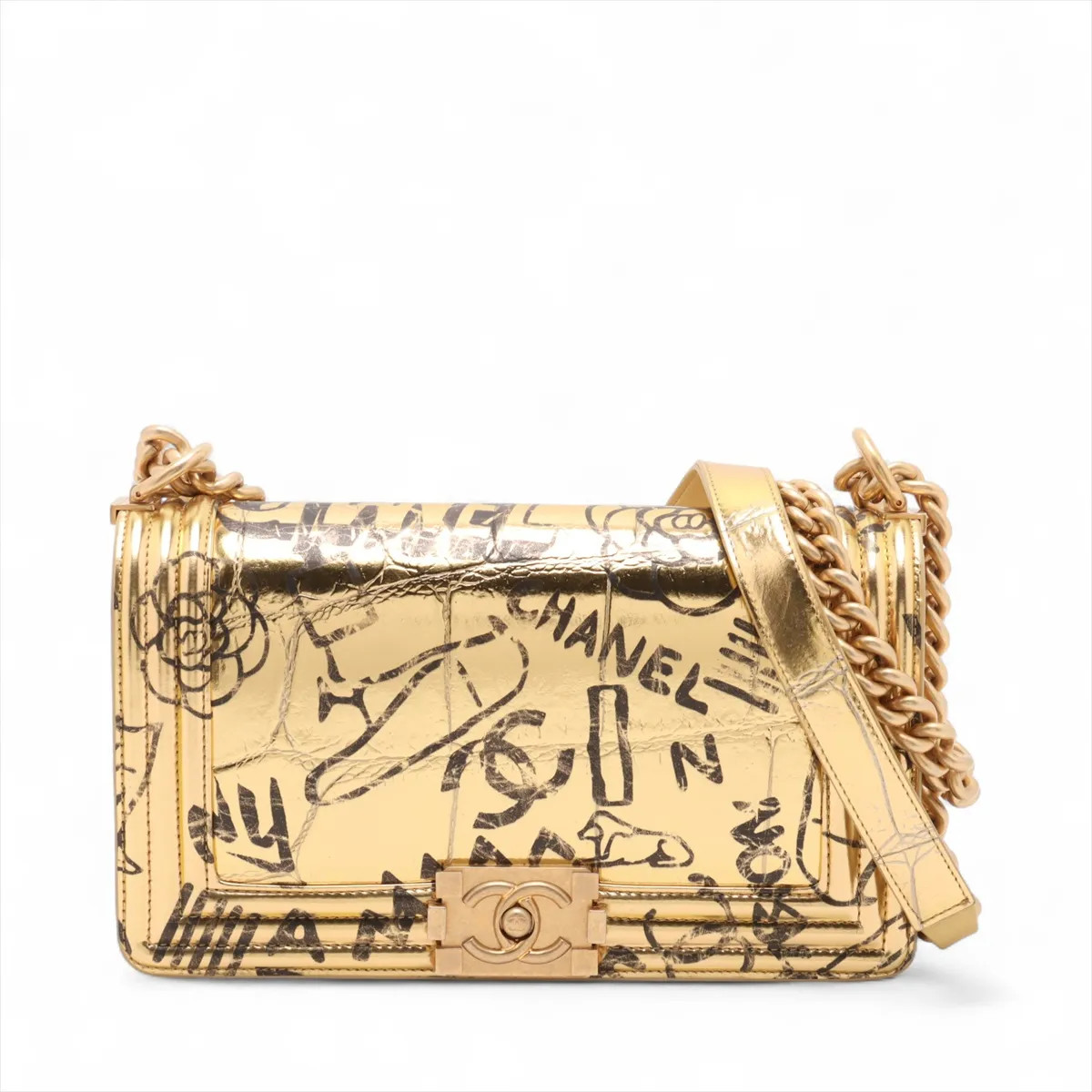 Chanel BOY CHANEL 25 Mock Croc Chain Shoulder Bag Graffiti Gold Gold Metal Fitti
