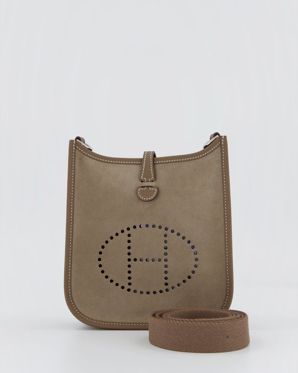 Hermes Hermès Mini Evelyne Sellier Bag in Gris Caillou Grizzly Suede and Etoupe Clemence Leather with Palladium Hardware