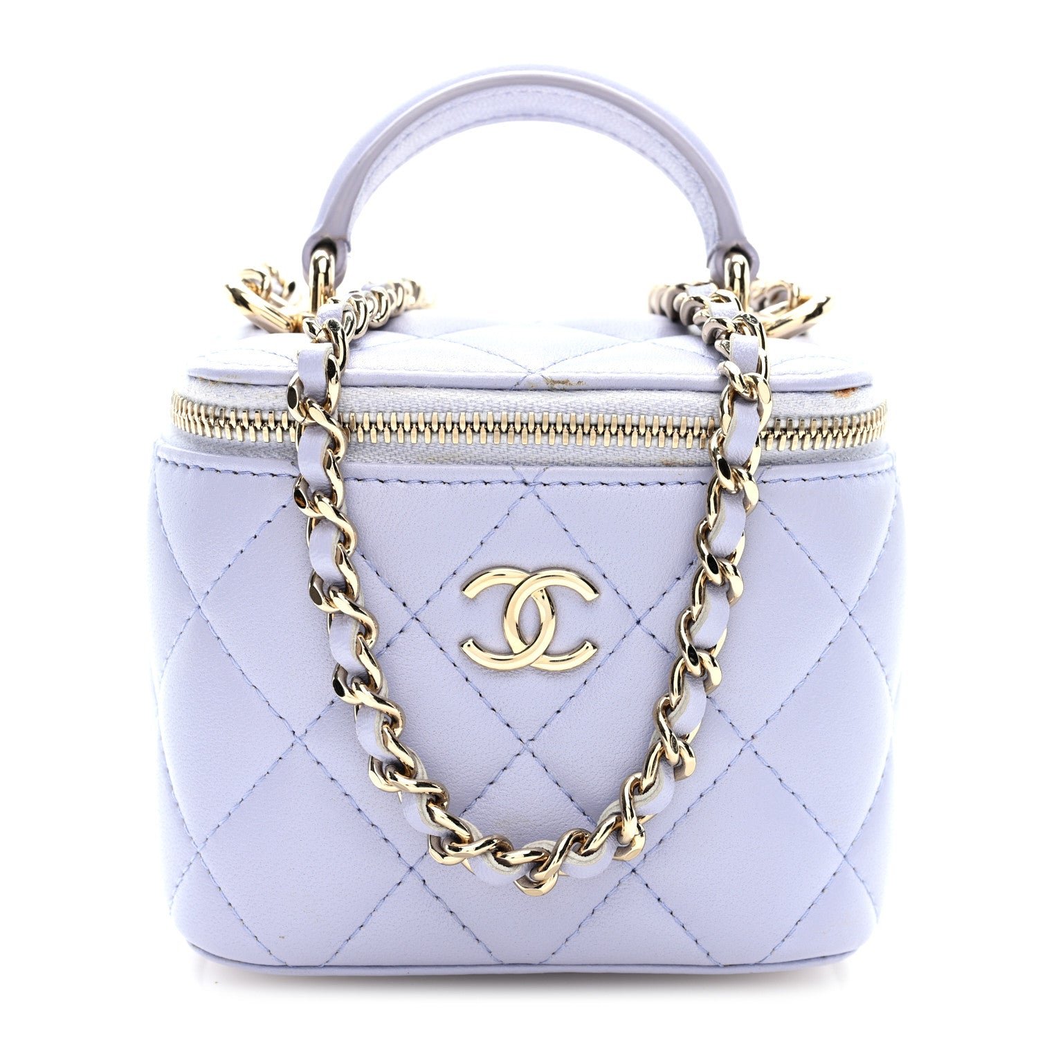 Chanel Lambskin Quilted Top Handle Mini Vanity Case With Chain Light Purple