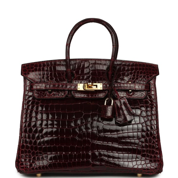 Hermes Vintage Hermes Birkin 25 Bordeaux Shiny Porosus Crocodile Gold Hardware