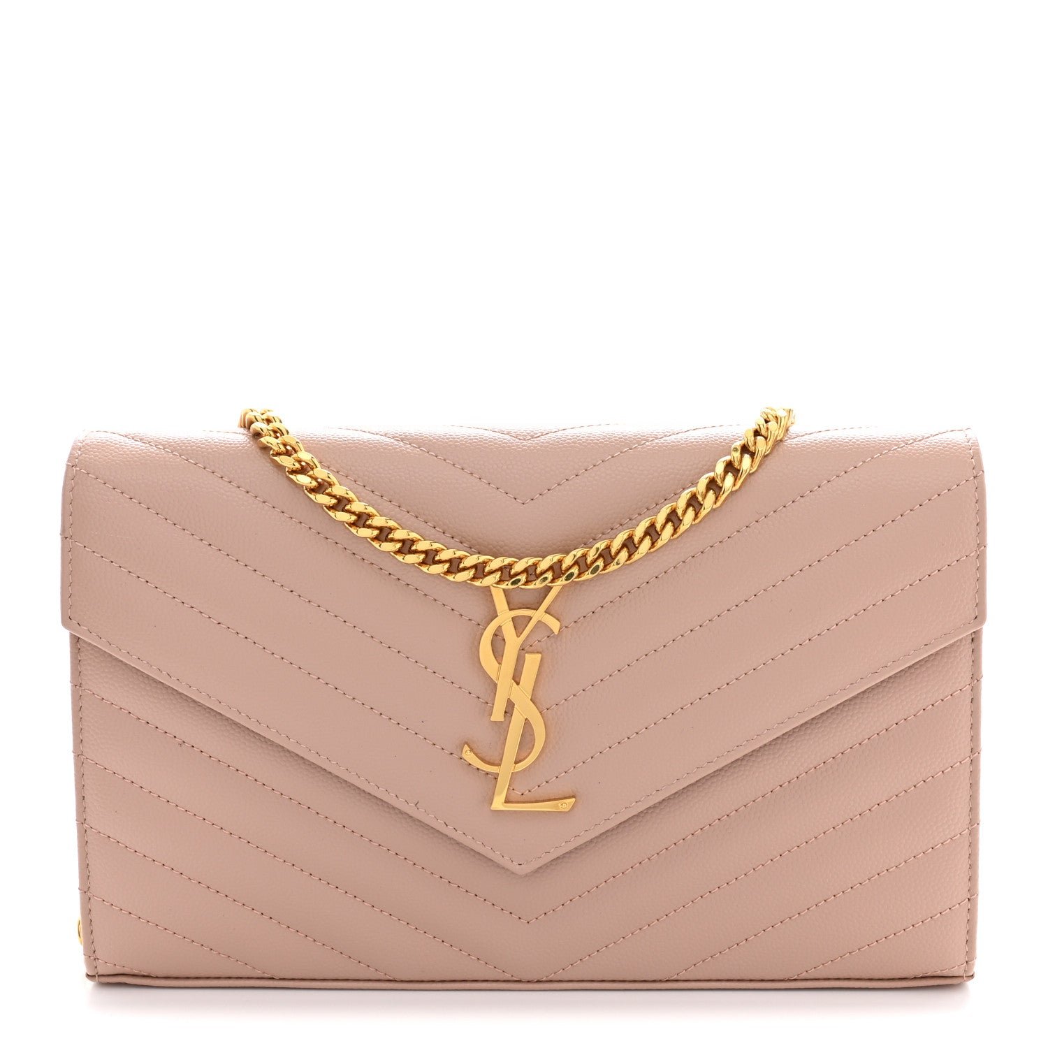 Saint Laurent Grain De Poudre Matelasse Chevron Monogram Chain Wallet Pale Pink
