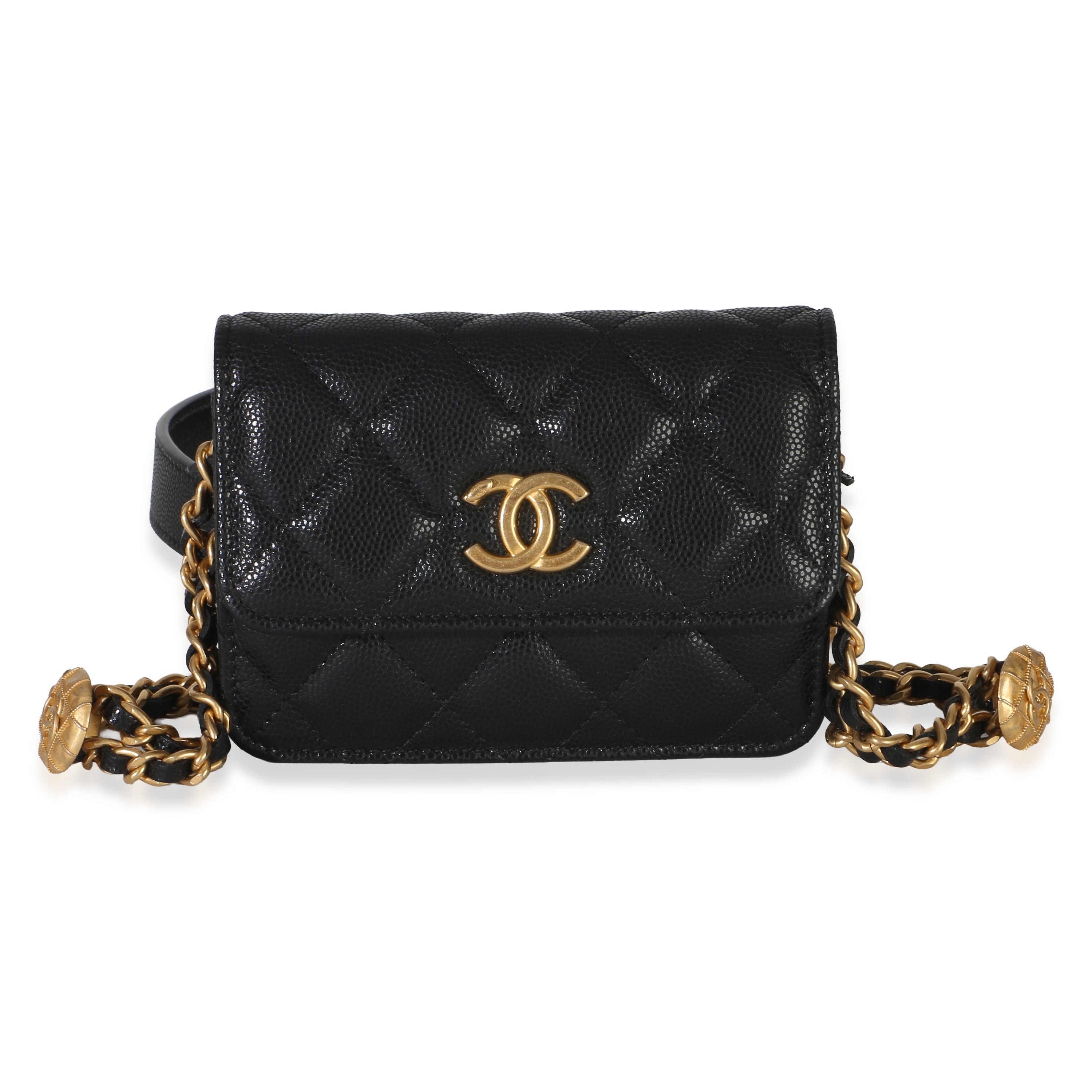 Black Quilted Caviar Twist Your Buttons Coin Purse With Chain