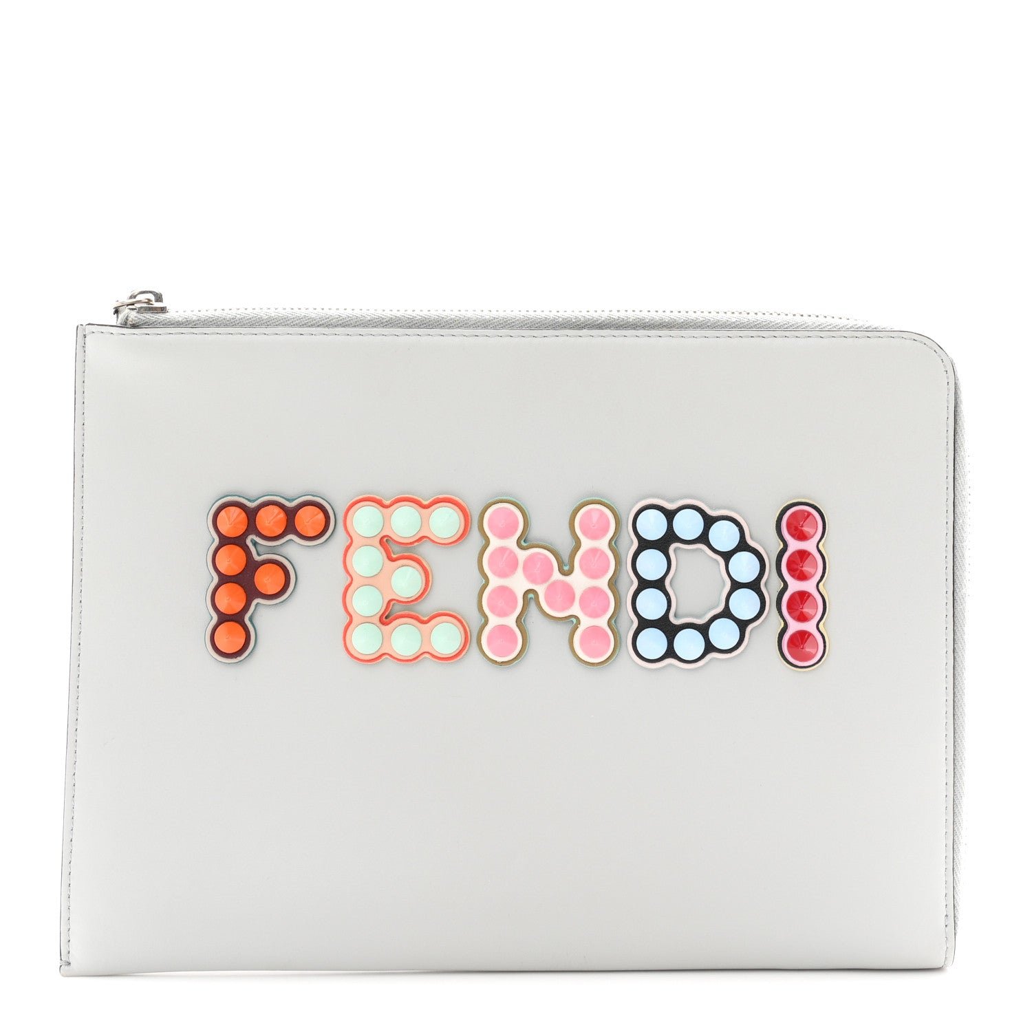 Fendi Vitello Liberty Fun Fair Studded Zip Around Pouch Grigio Perla Multicolor