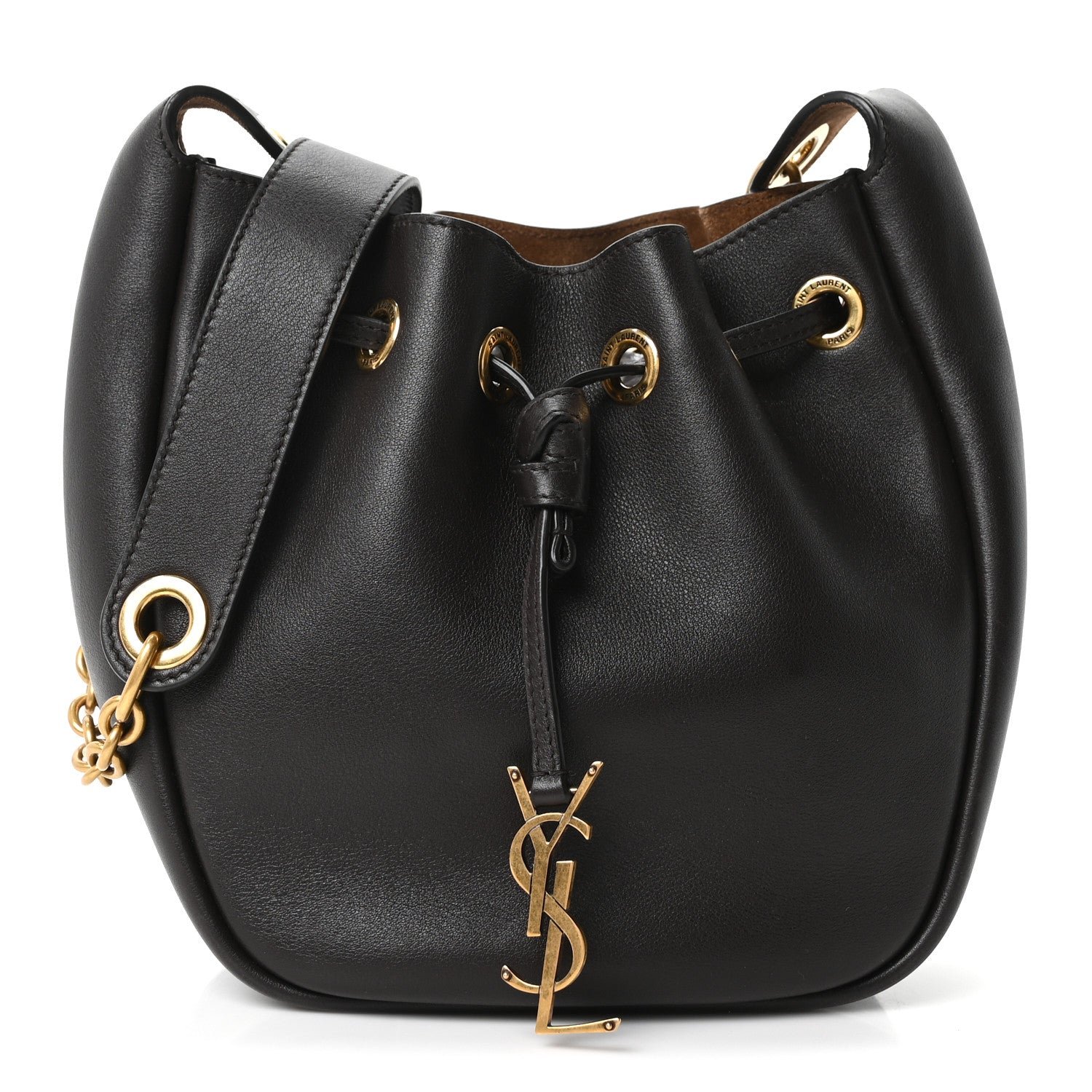 Saint Laurent Calfskin Cassandre Supple Bucket Bag  Fondente Dark Cigar