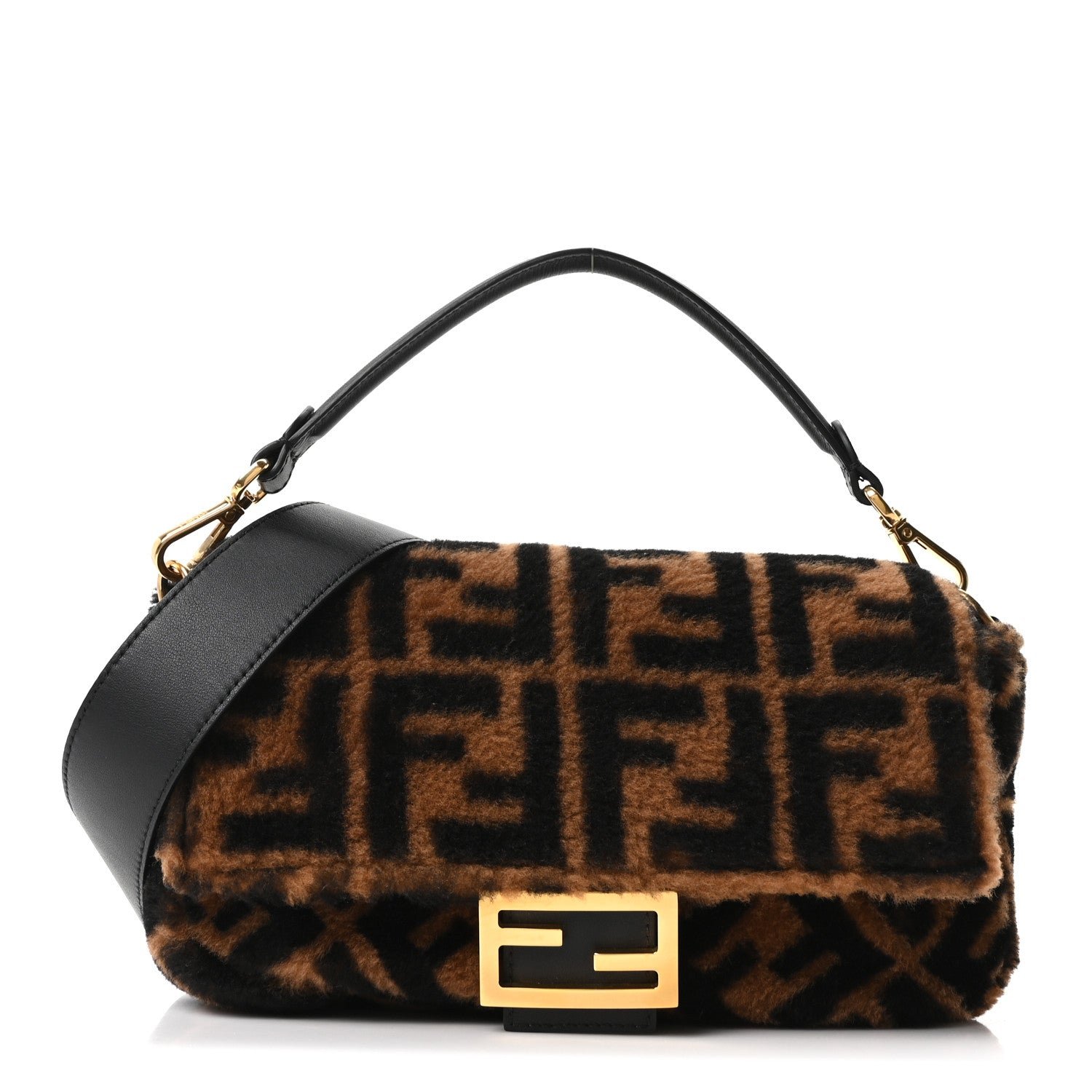 Fendi Shearling Vitello Dolce Macro FF 1974 Baguette Tobacco Black