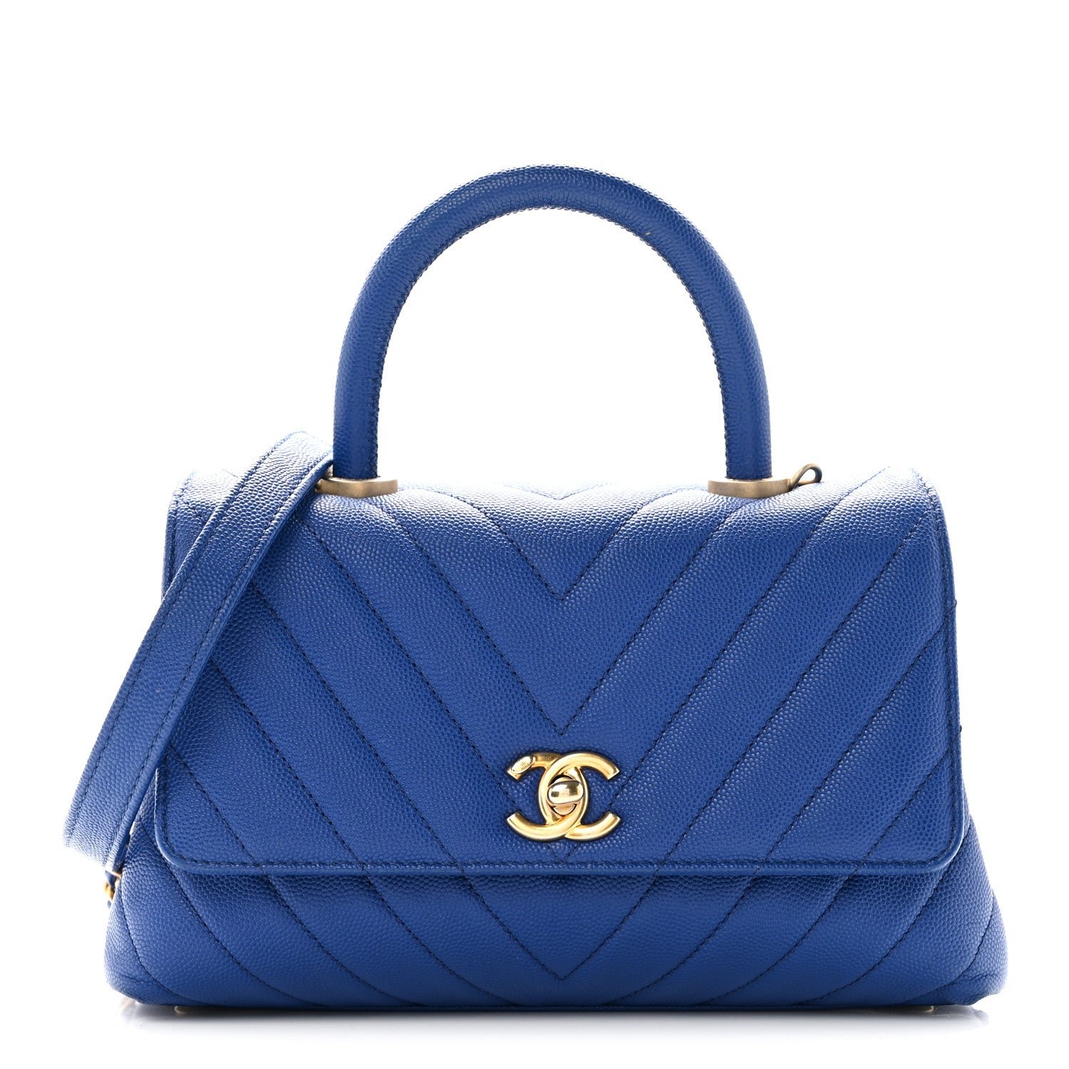 Chanel Caviar Chevron Quilted Mini Coco Handle Flap Blue