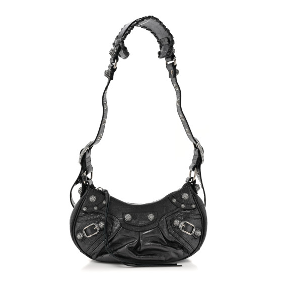 Balenciaga Metallic Calfskin Crocodile Embossed Crystal Le Cagole Shoulder Bag XS Gunmetal
