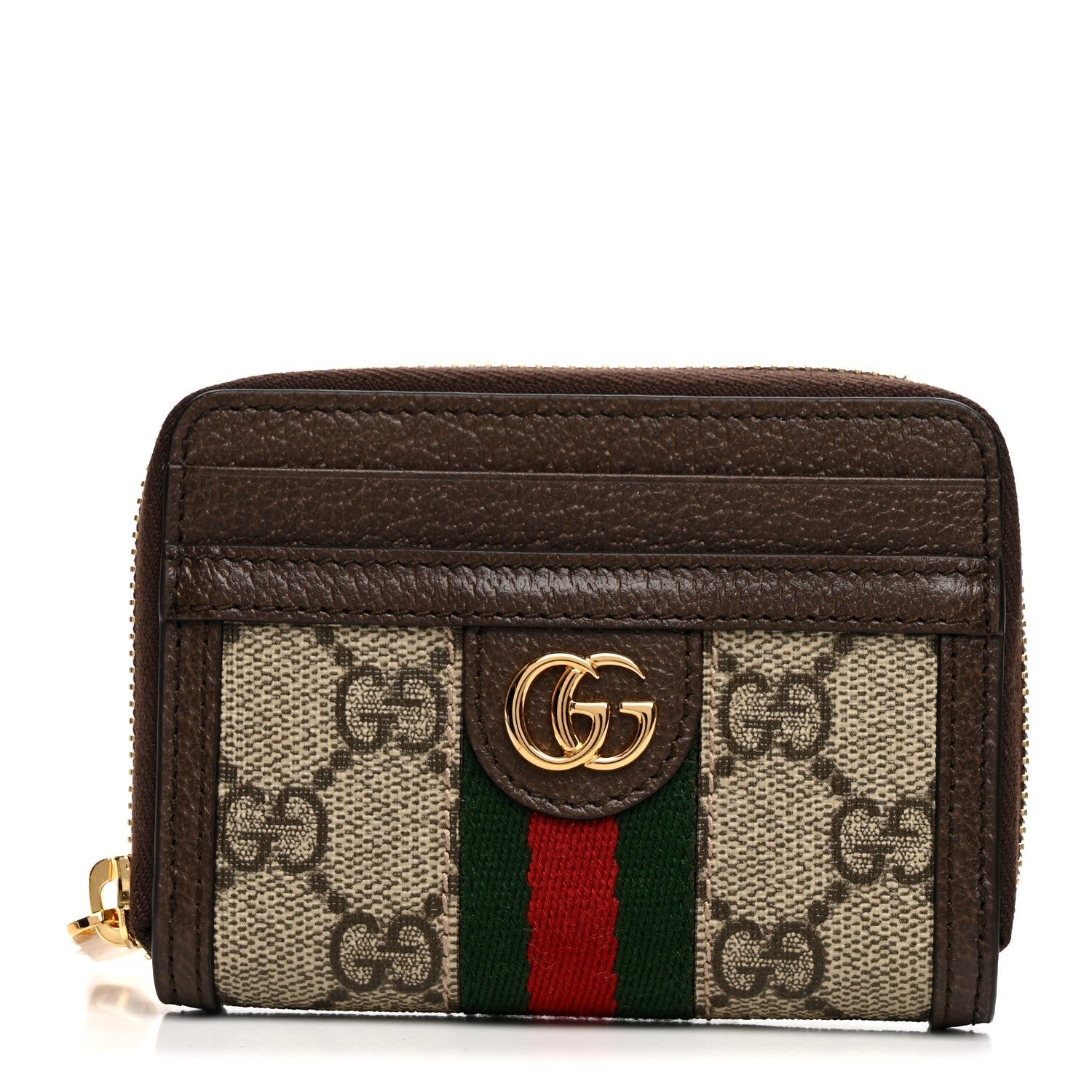 Gucci GG Supreme Monogram Textured Dollar Calfskin Web Ophidia Zip Around Card Case Wallet Beige Ebony New Acero