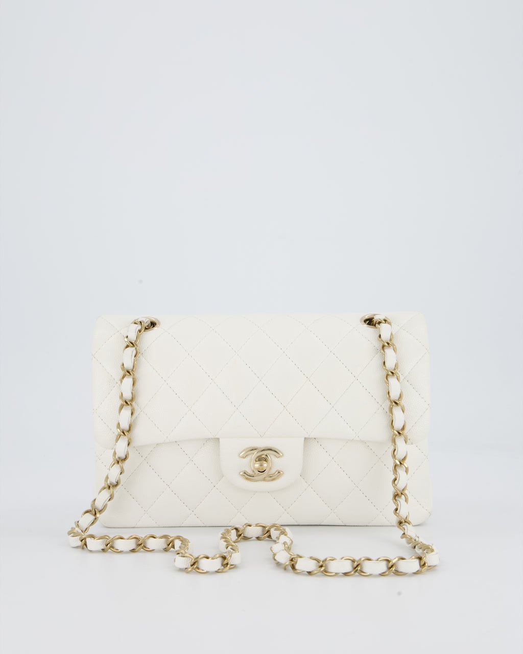 Chanel White Small Classic Double Flap Bag in Caviar Leather with Champagne Gold Hardware