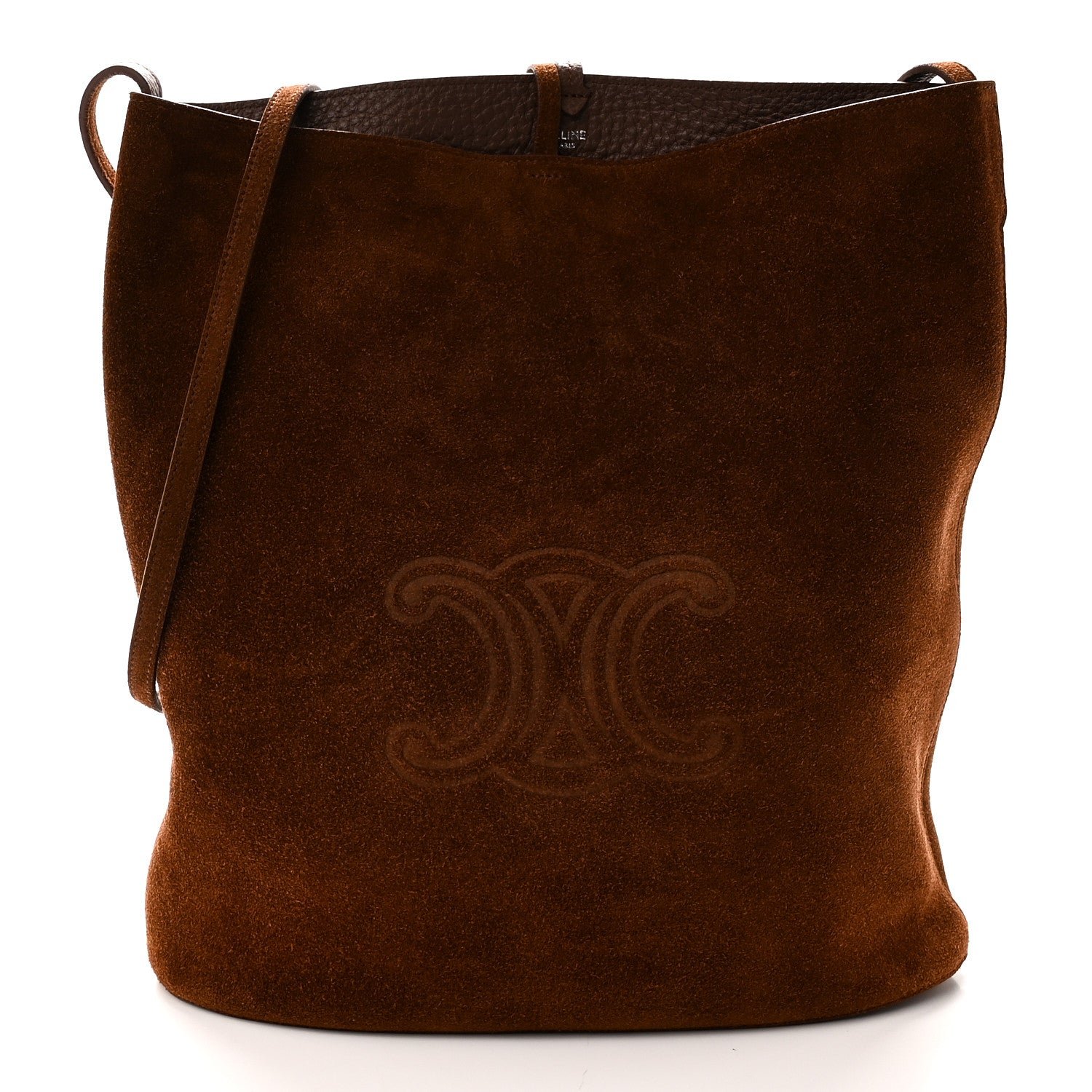 Celine Suede Calfskin Reversible Triomphe Bucket Bag Brown