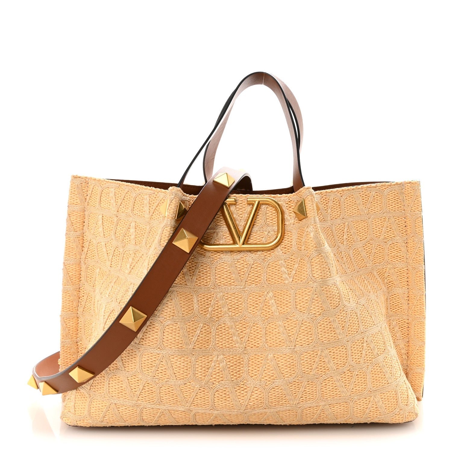 Valentino Garavani Raffia Calfskin Medium Rockstud Vlogo Tote Naturale