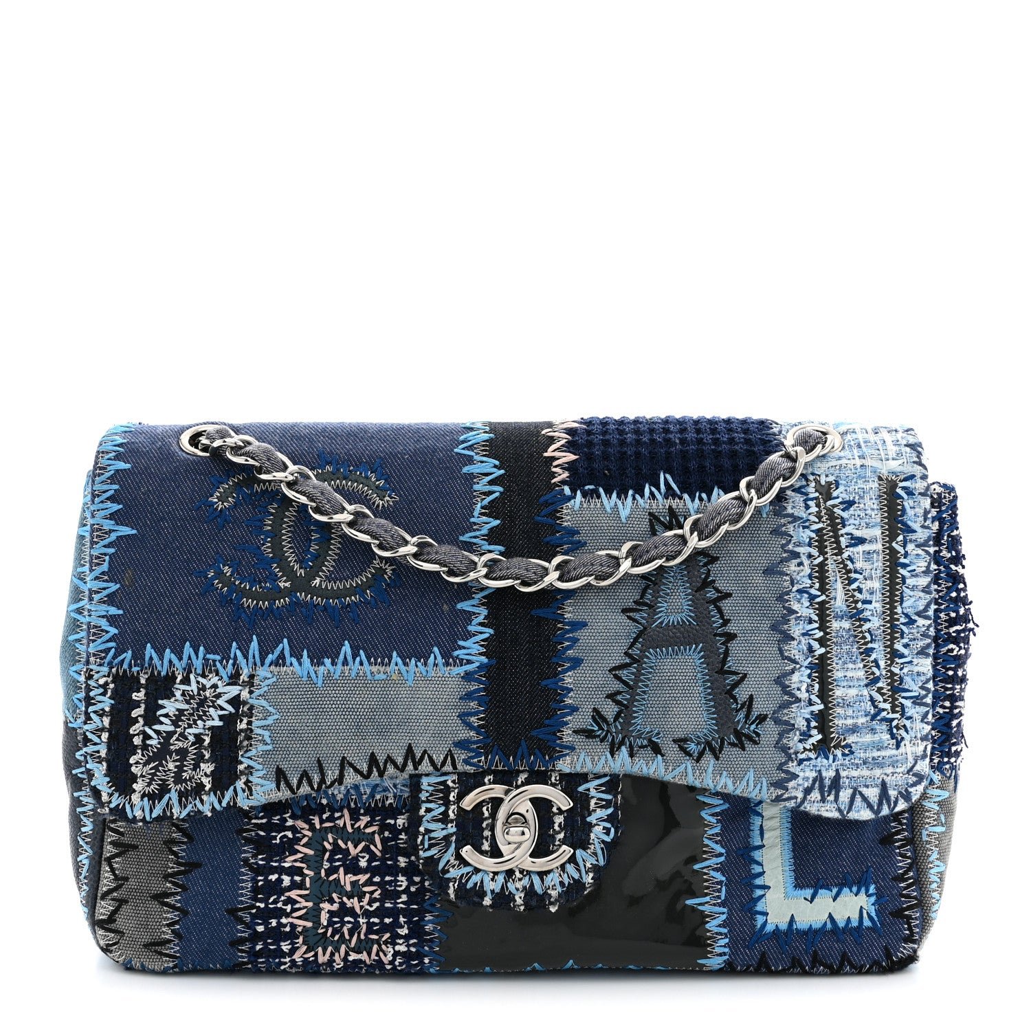 Chanel Denim Tweed Patchwork Jumbo Single Flap Blue