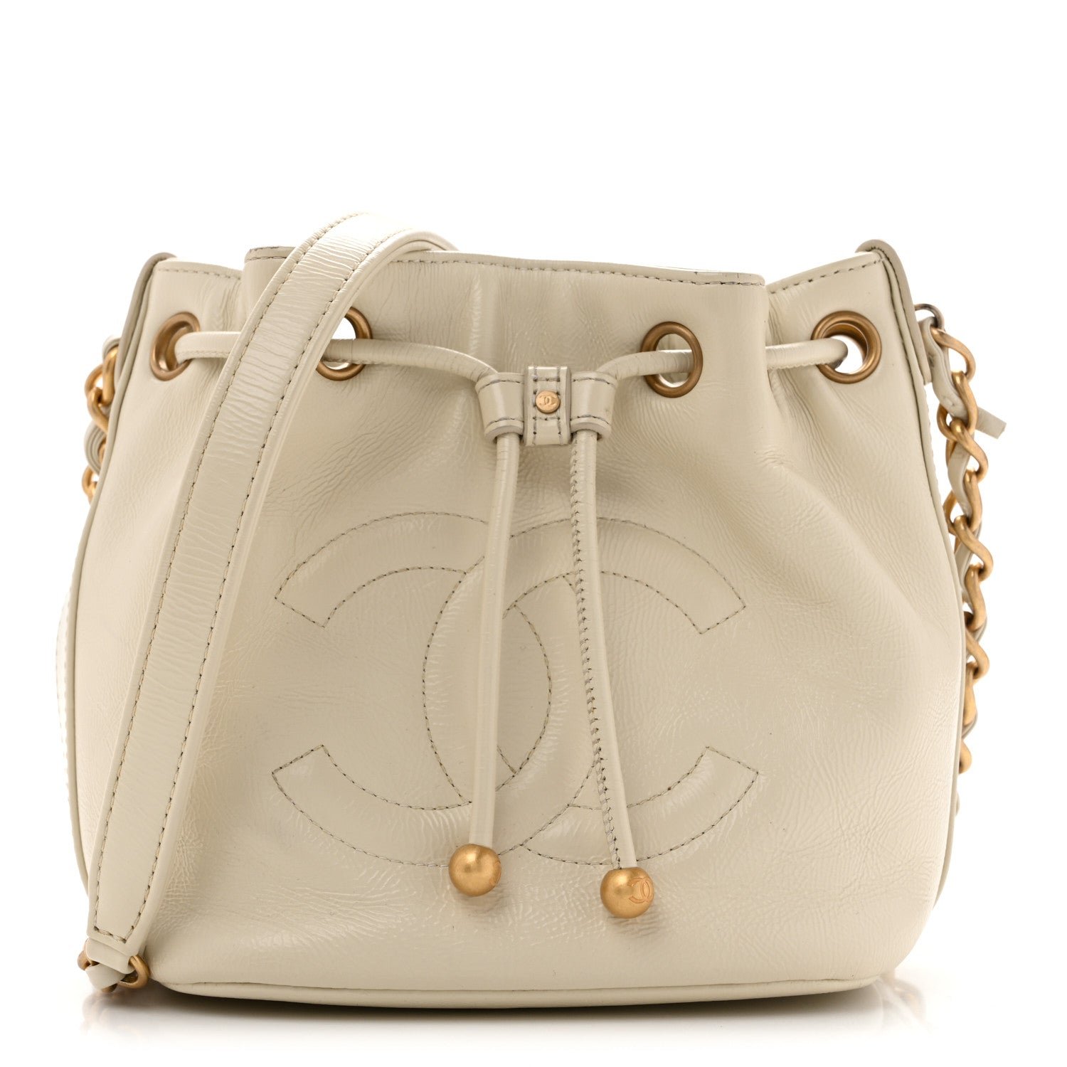 Chanel Shiny Aged Calfskin CC Chain Mini Drawstring Bag White