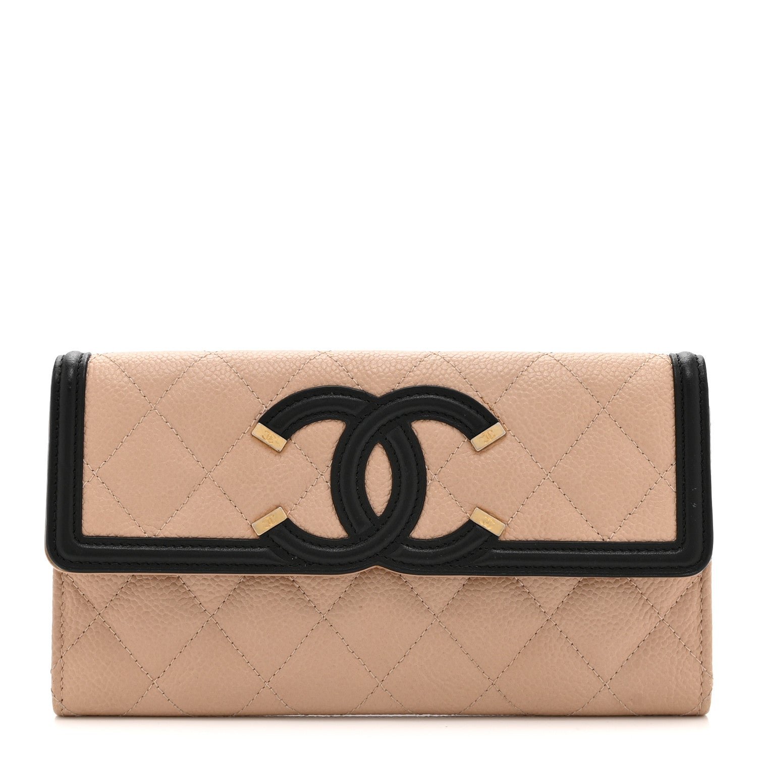 Chanel Caviar Quilted Filigree Large Gusset Flap Wallet Beige Black