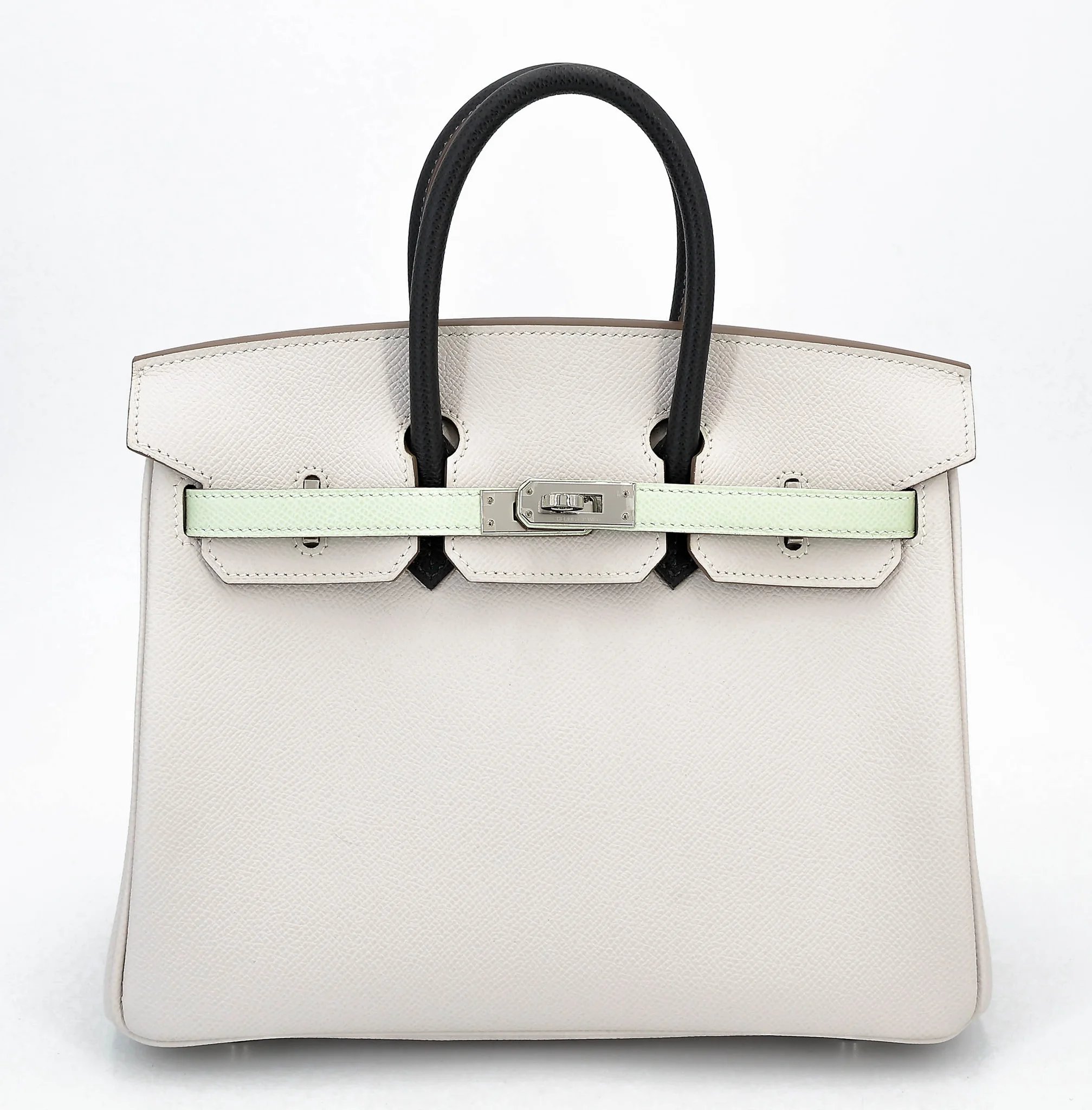 Unused ( Rank NS ) HERMÈS Birkin 25 Gris Pale (M4) Vert Fizz (0S) Graphite (88) Epsom Palladium hardware B (2023)