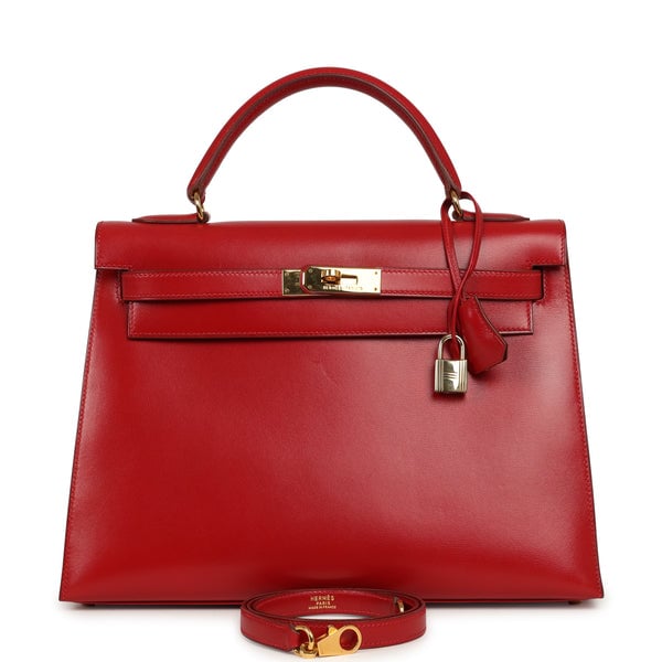 Vintage Hermes Kelly Sellier 32 Rouge Vif Box Gold Hardware