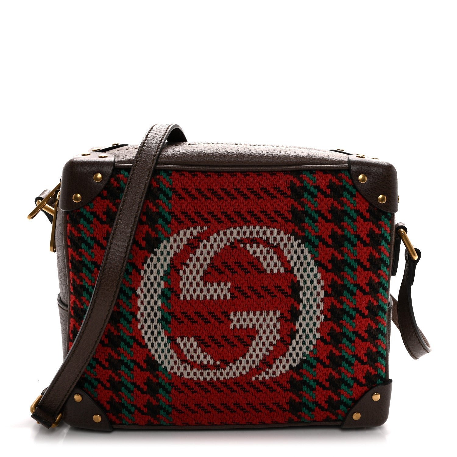 Gucci Cotton Wool Textured Calfskin Houndstooth Woven Square Messenger Bag Red Green Ivory Multicolor New Acero