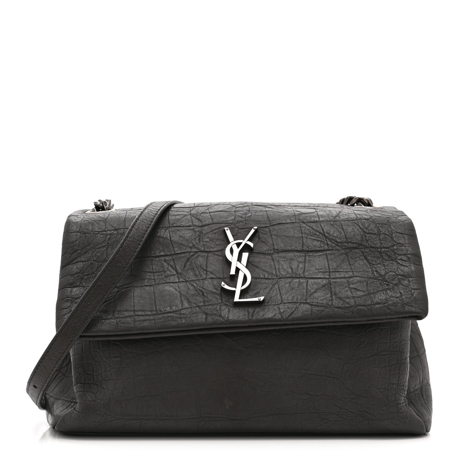 Saint Laurent Calfskin Crocodile Embossed Medium West Hollywood Monogram Fold-Over Earth