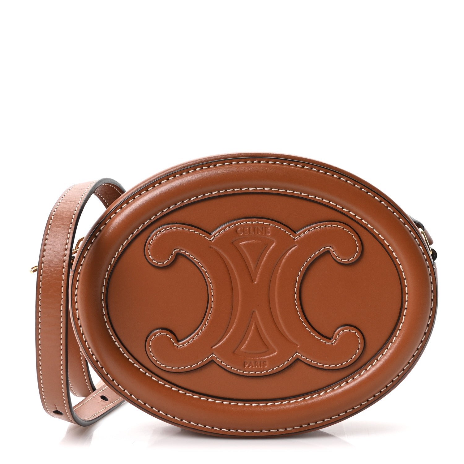 Celine Smooth Calfskin Cuir Small Triomphe Oval Crossbody Purse Tan