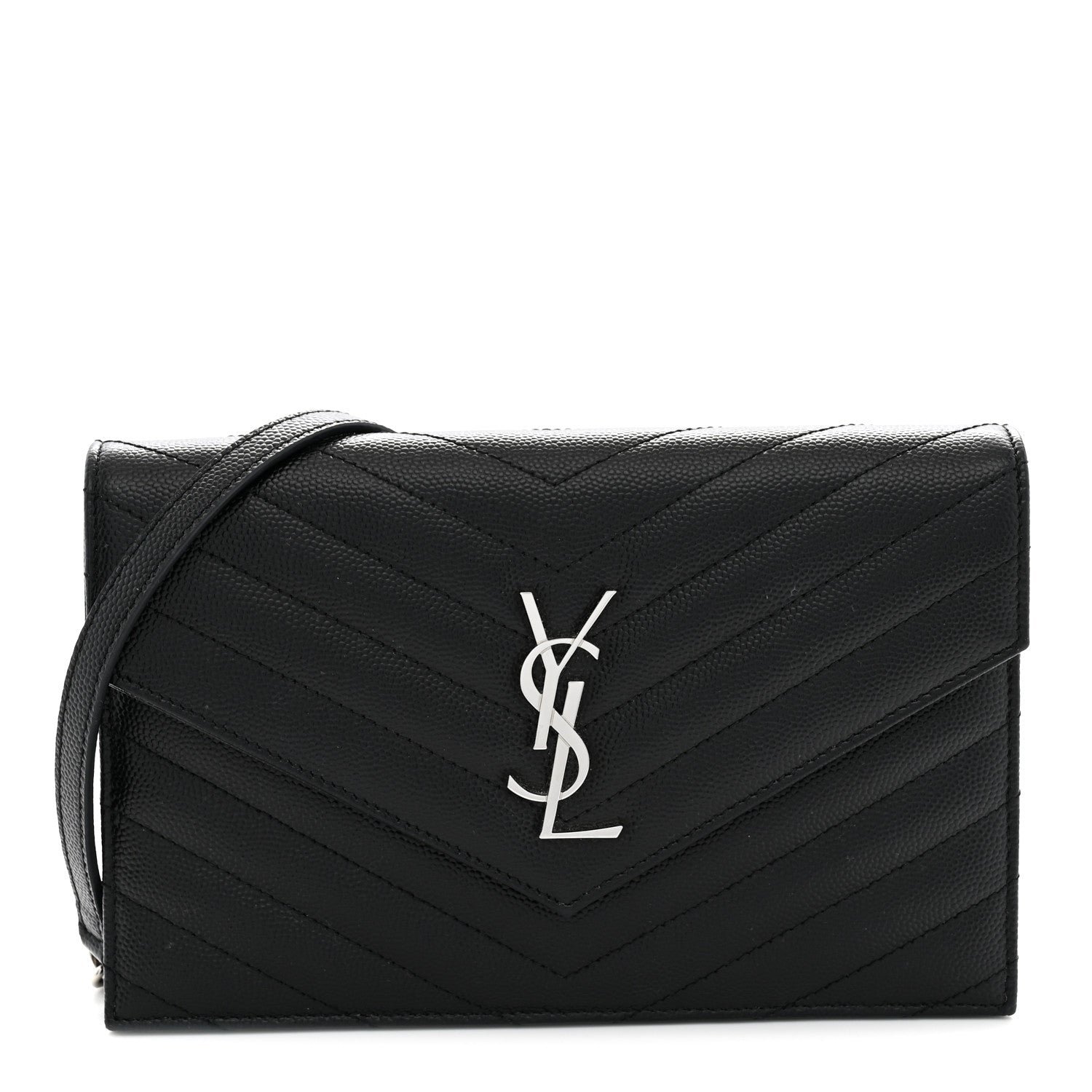 Saint Laurent Grain De Poudre Matelasse Chevron Monogram Envelope Chain Wallet Black