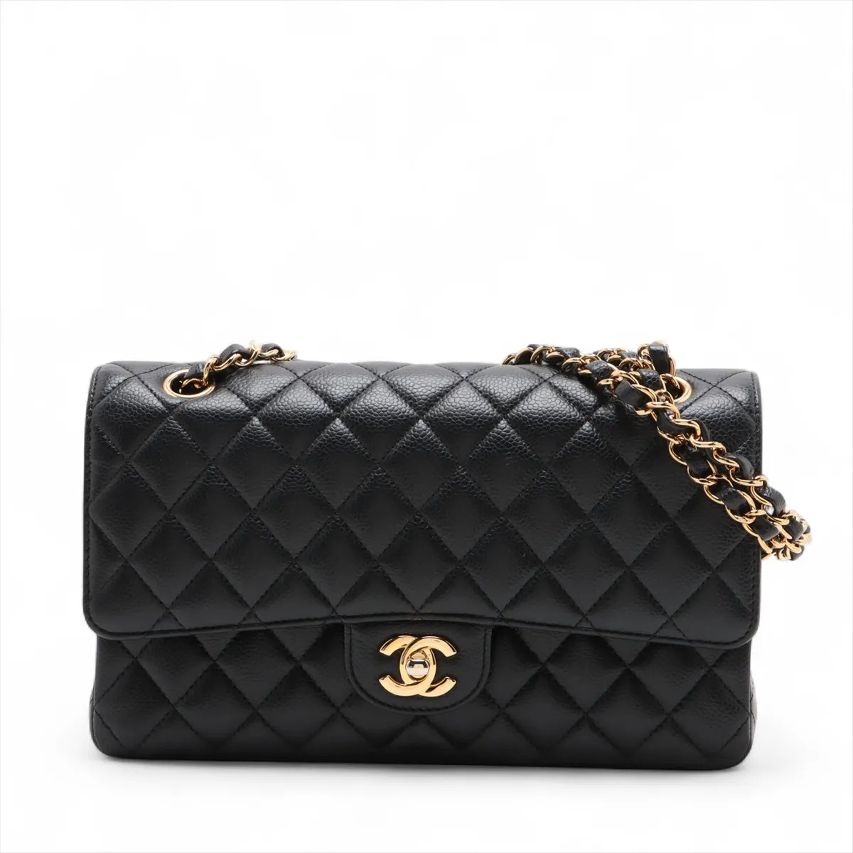 Chanel Matelasse 25 Caviar Skin Double Flap Double Chain Bag Black Gold Metal Fi