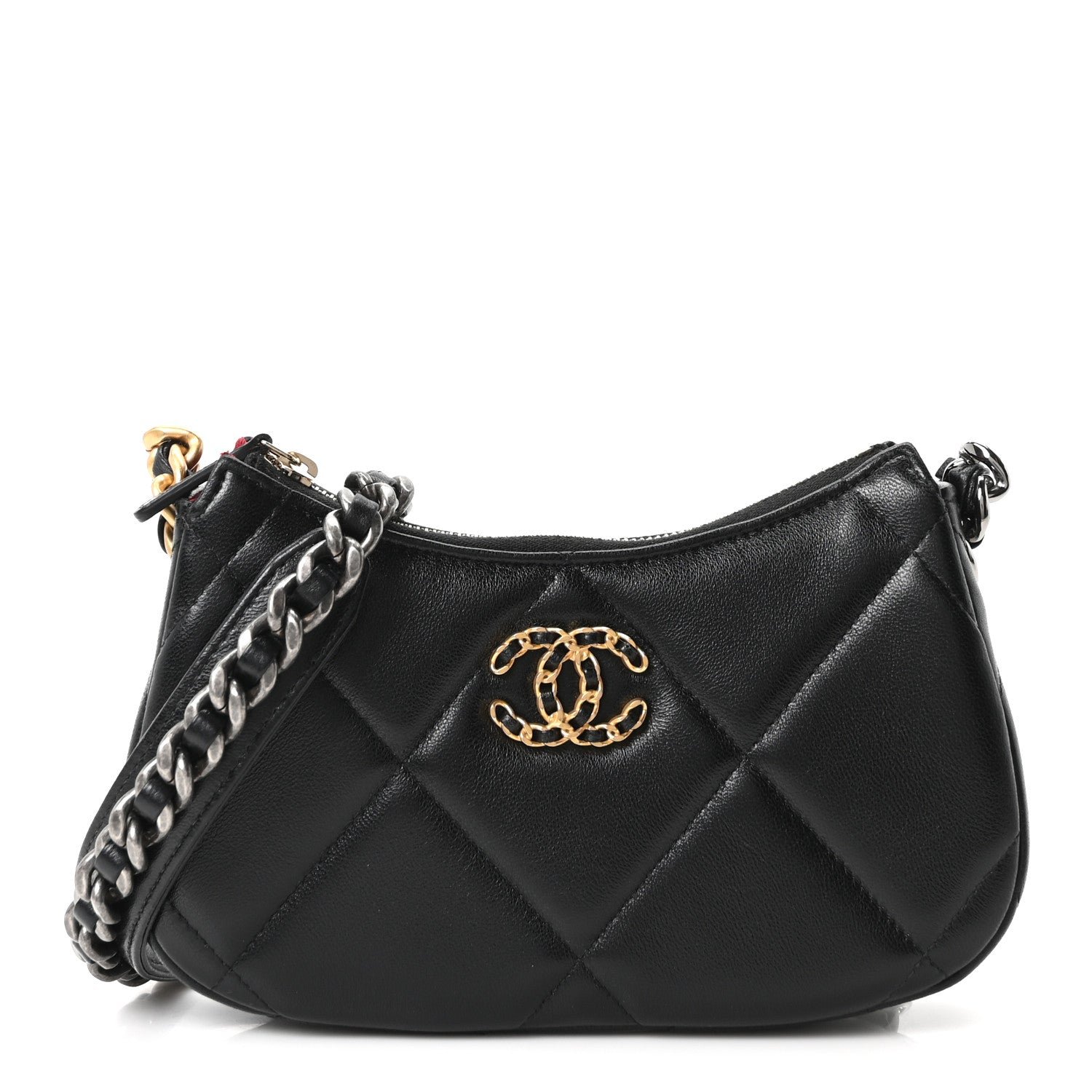 Chanel Lambskin Quilted Chanel 19 Hobo Clutch With Chain Black