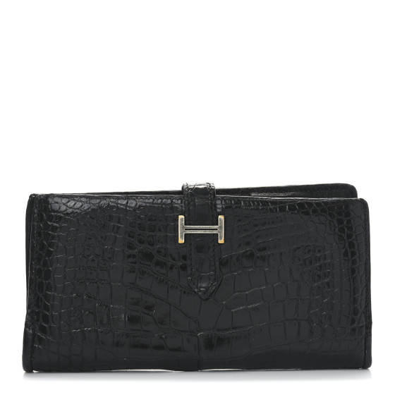 Hermes Shiny Alligator Bearn Gusset Wallet Black