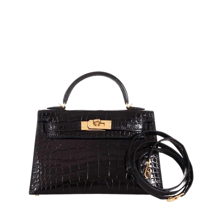 Hermes Hermès Kelly 20 Mini Sellier Black Shiny Alligator Gold Hardware