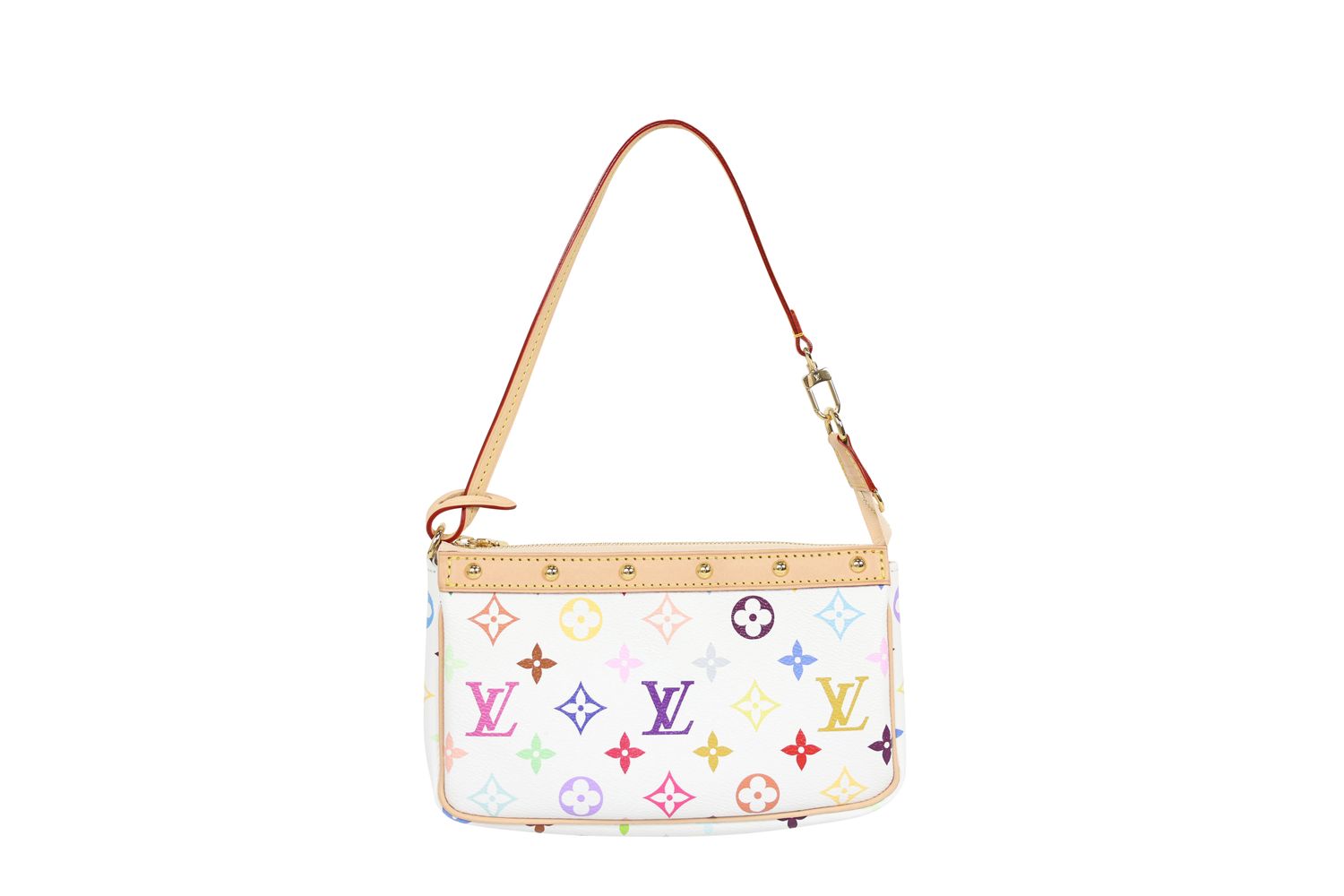 Louis Vuitton Louis Vuitton x Takashi Murakami Pochette Accessoires Bag, White Multicolor Monogram Canvas and Natural Leather with Gold Hardware, Preowned in Box WA001