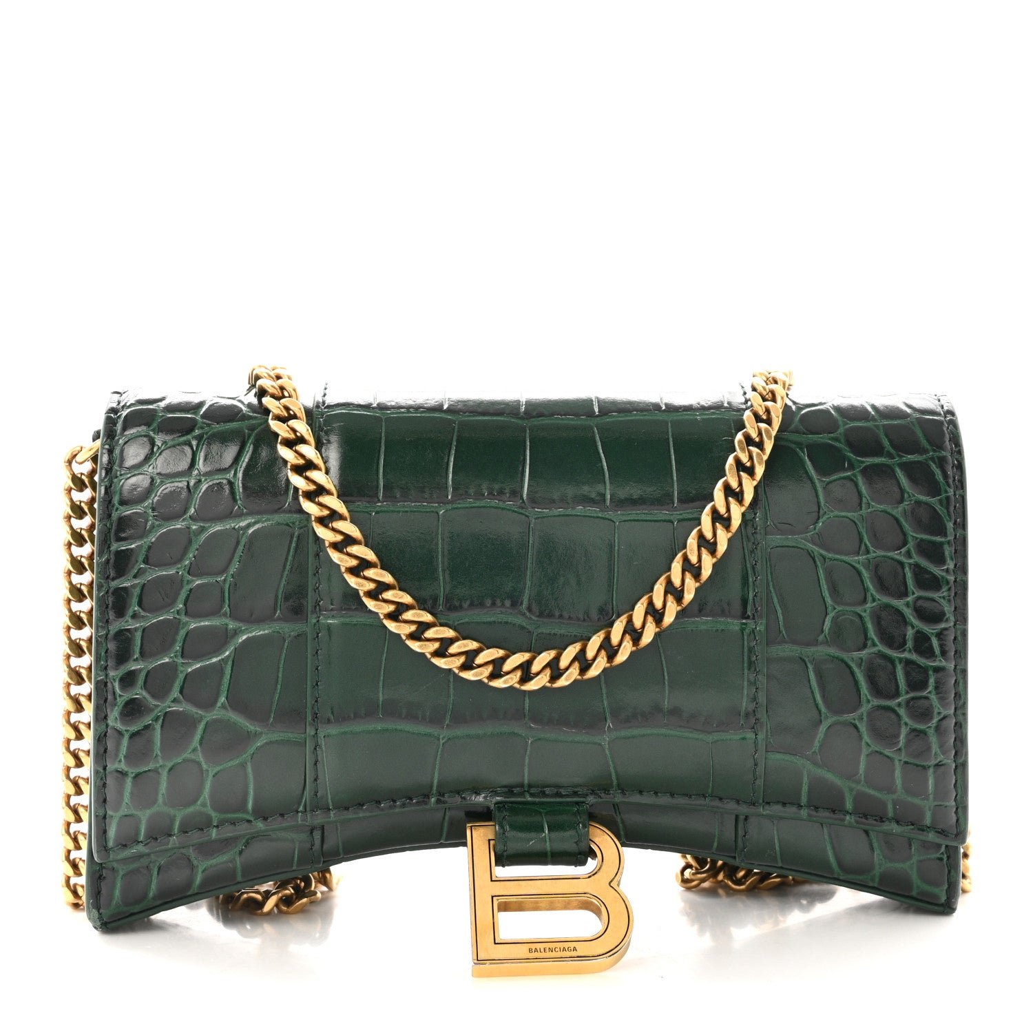 Balenciaga Shiny Calfskin Crocodile Embossed Hourglass Chain Bag Forest Green
