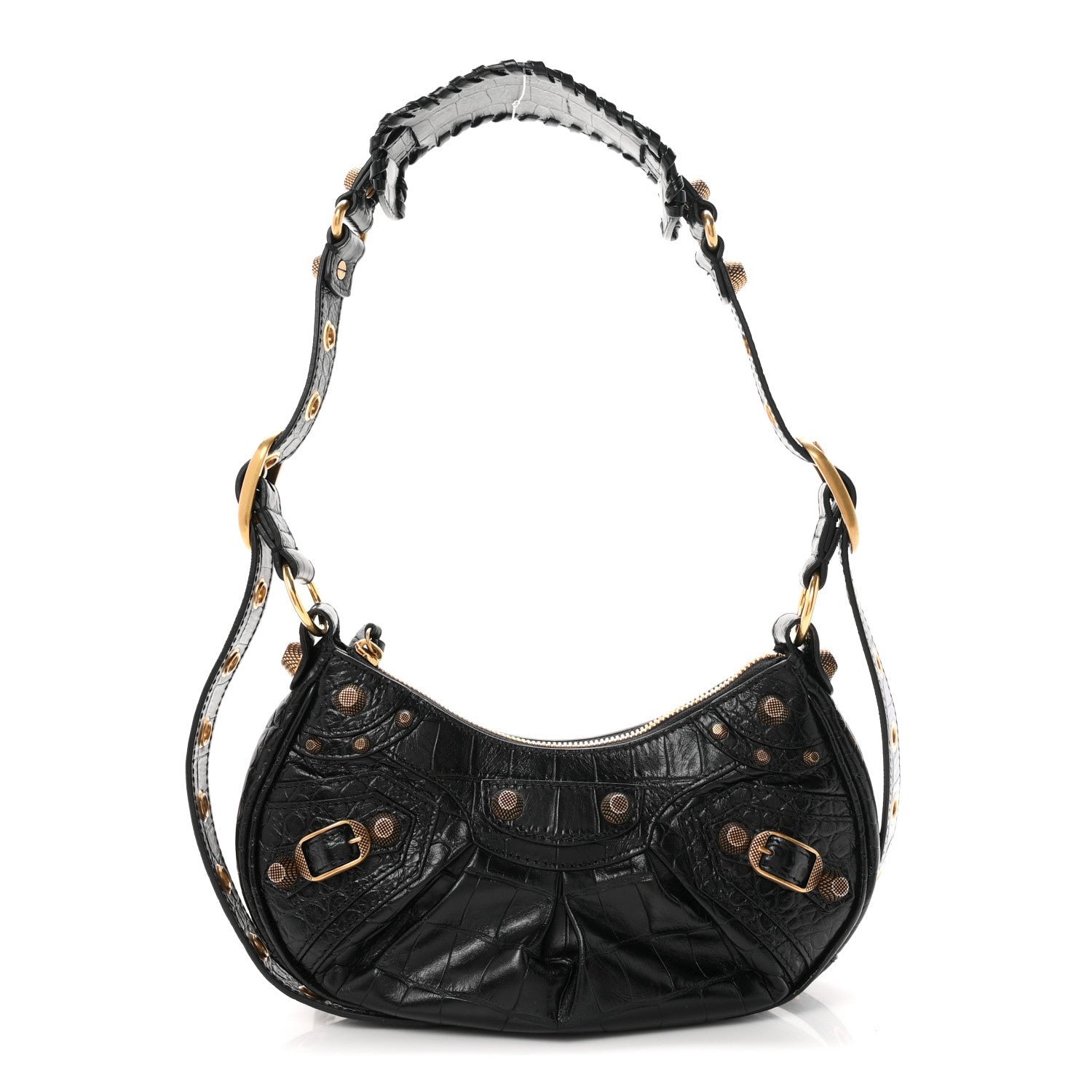Balenciaga Extra Supple Calfskin Crocodile Embossed Le Cagole Shoulder Bag XS Black