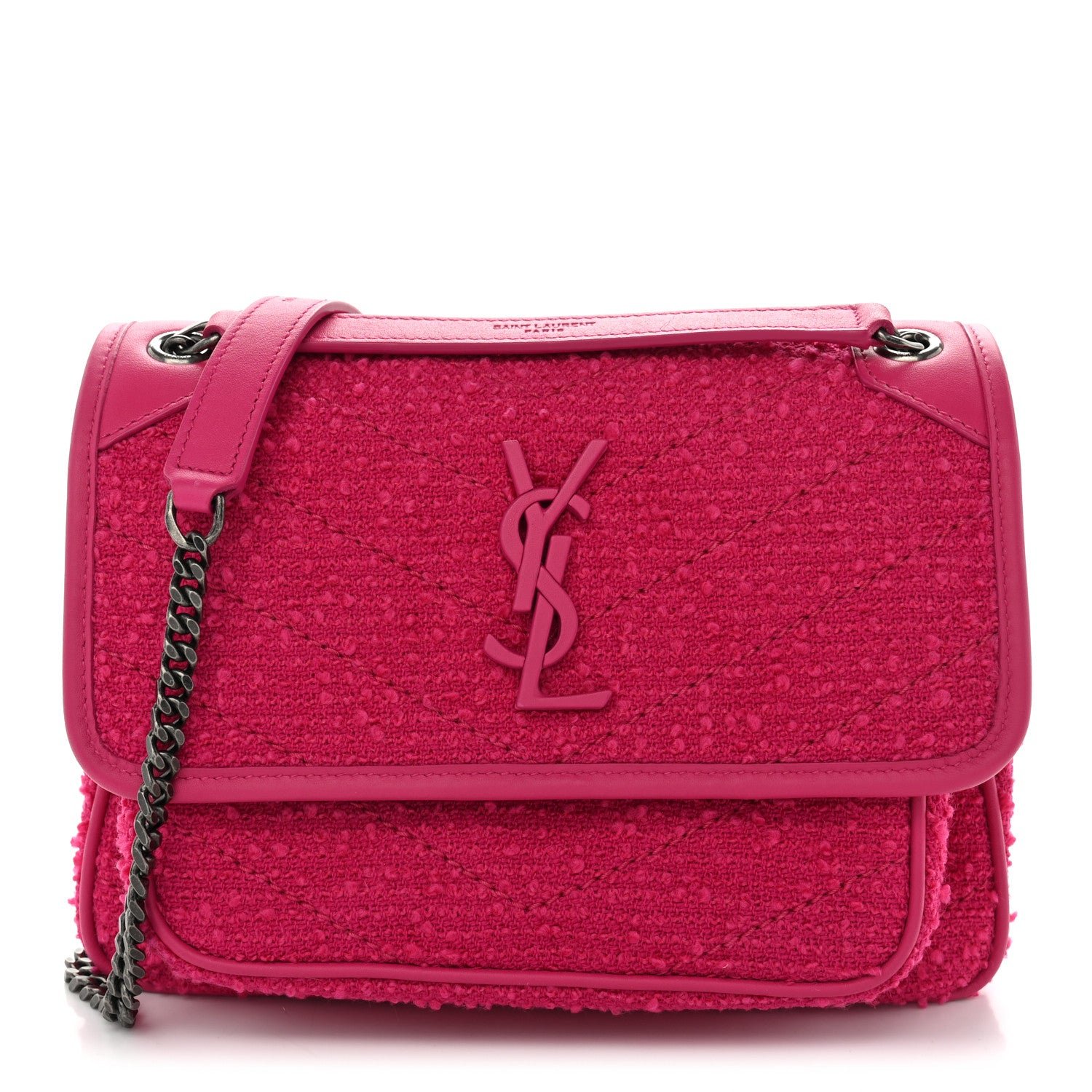 Saint Laurent Boucle Tweed Monogram Baby Niki Chain Satchel Pink