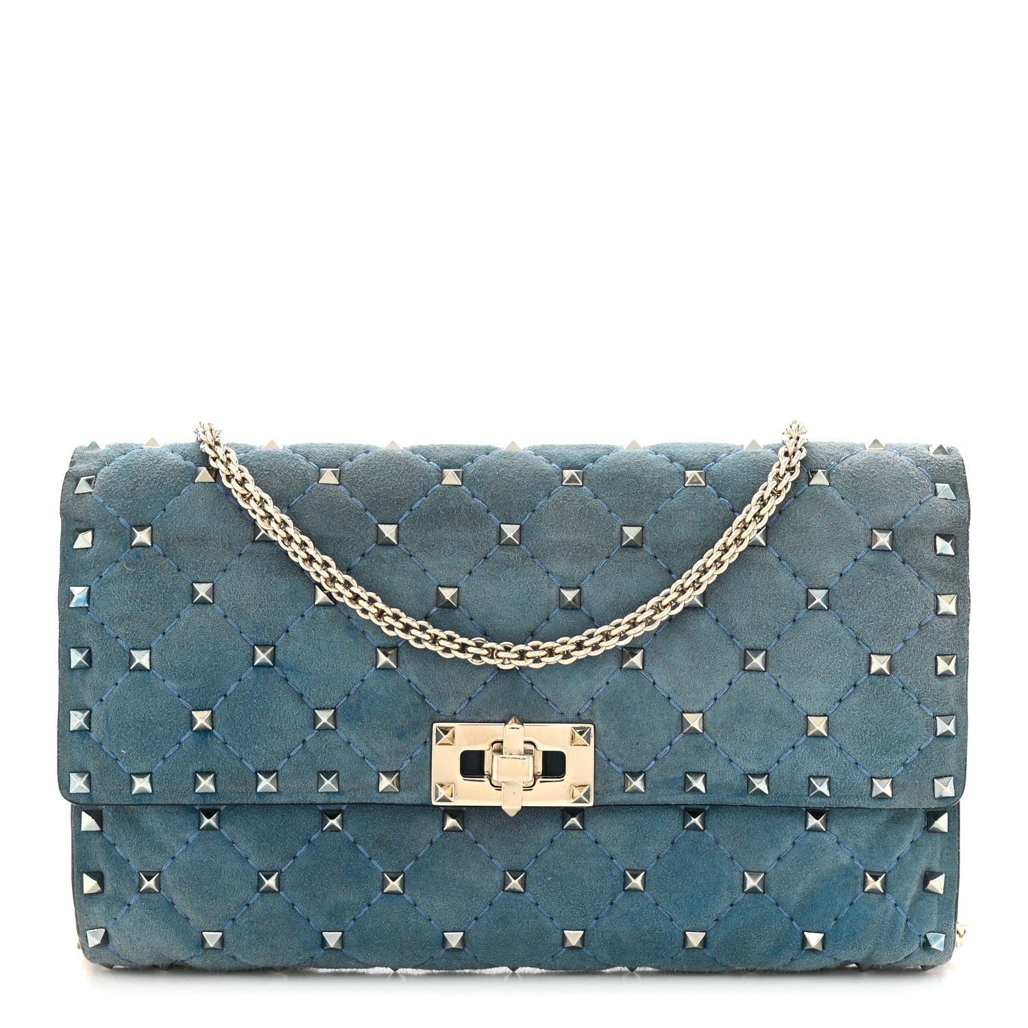 Valentino Garavani Suede Rockstud Spike Wallet on Chain Bright Blue