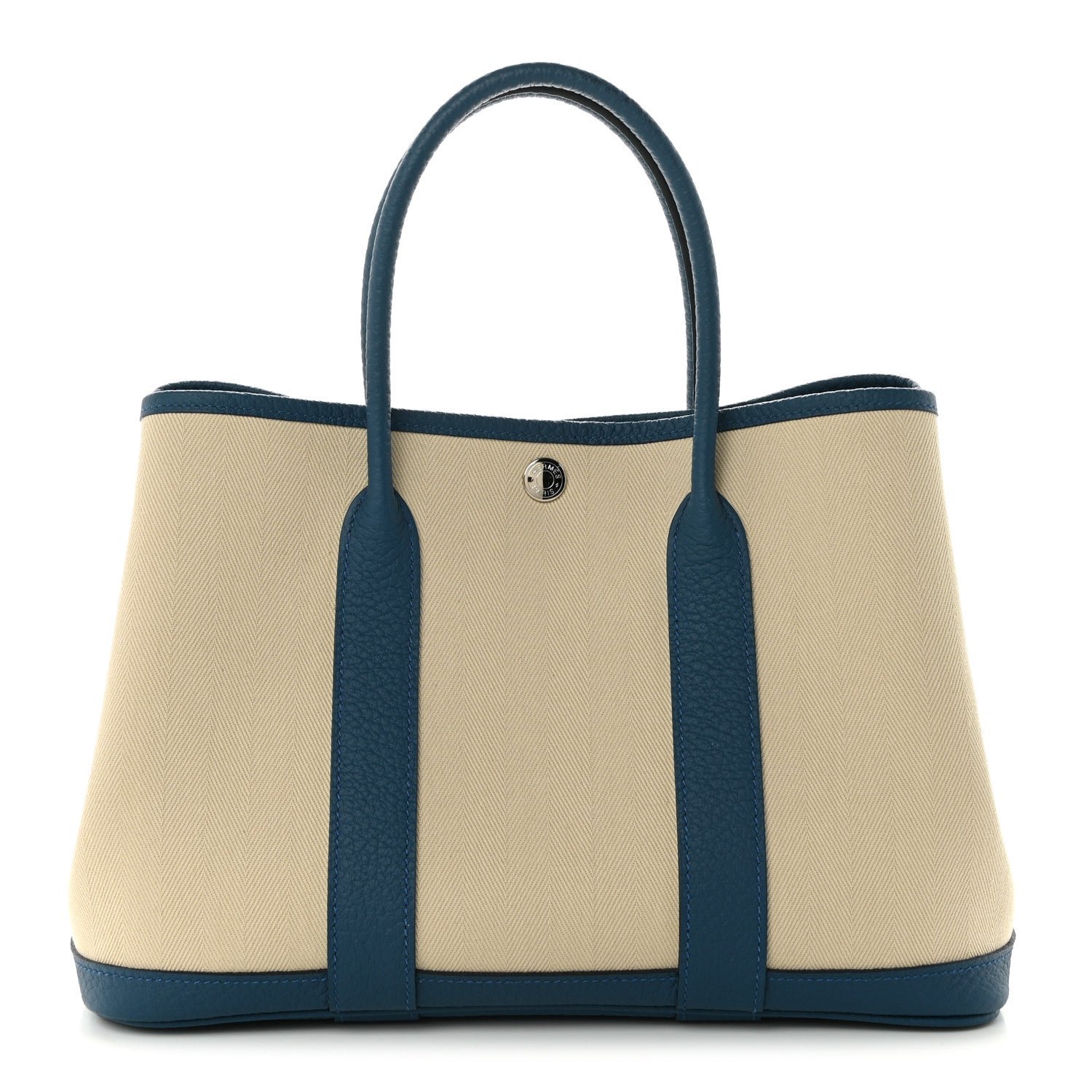 Hermes Toile Chevron Vache Country Garden Party Tote 30 TPM Craie Bleu Outremer