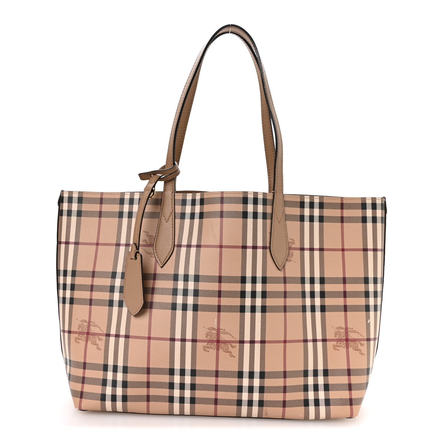 Burberry Grainy Calfskin Haymarket Check Medium Reversible Tote Camel