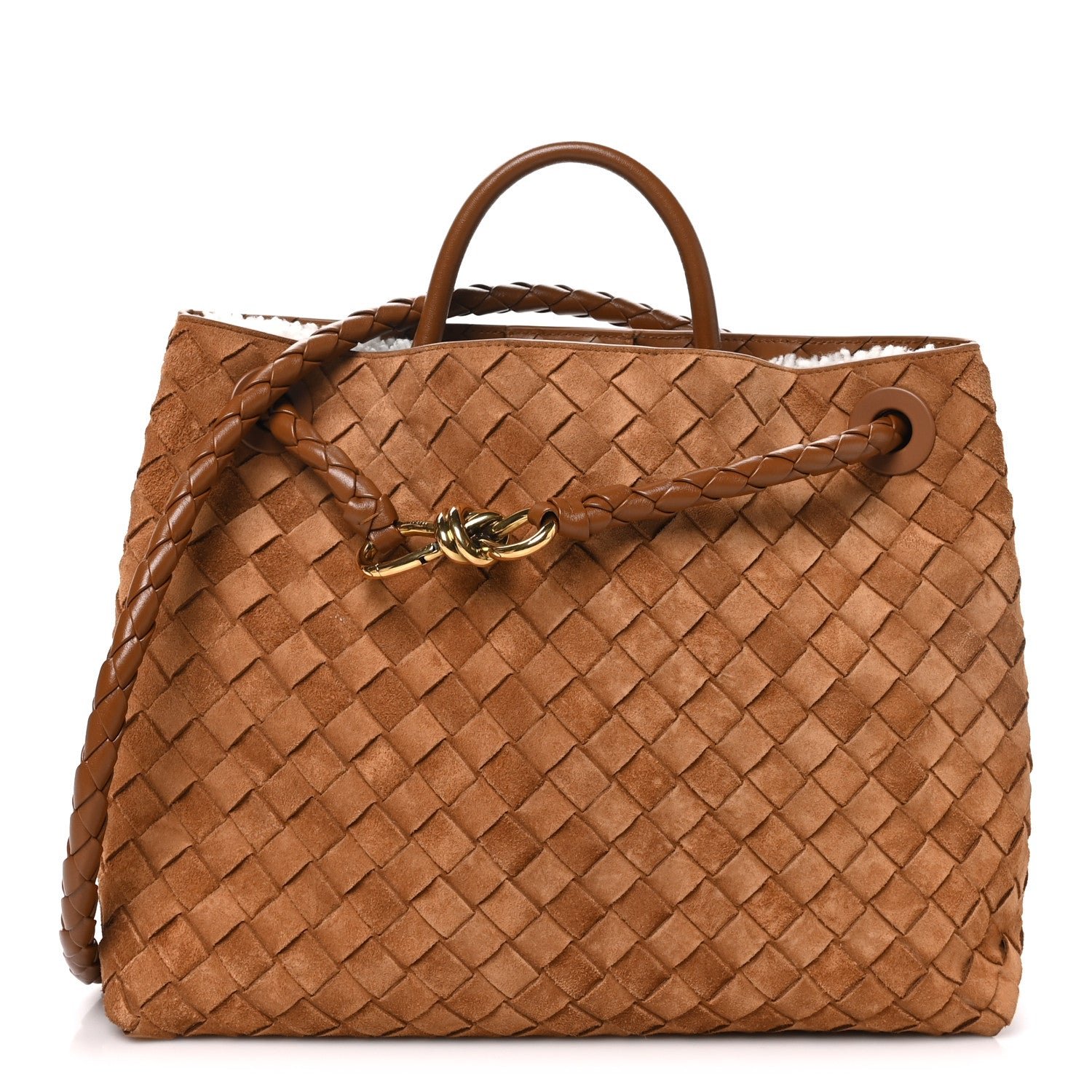Bottega Veneta Suede Shearling Intrecciato Medium Andiamo Shoulder Bag Amber