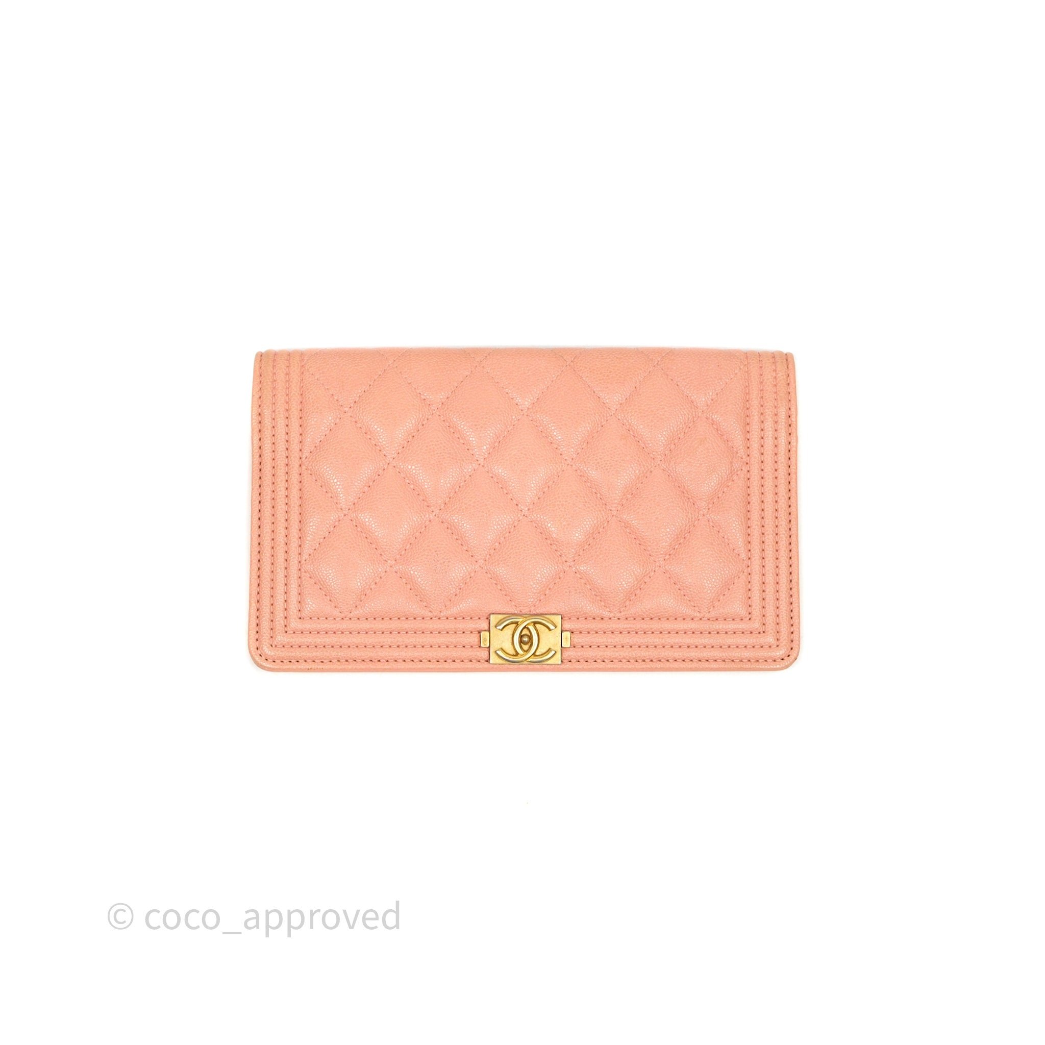 Chanel Boy Quilted Long Wallet Peach Caviar Aged Gold Hardware