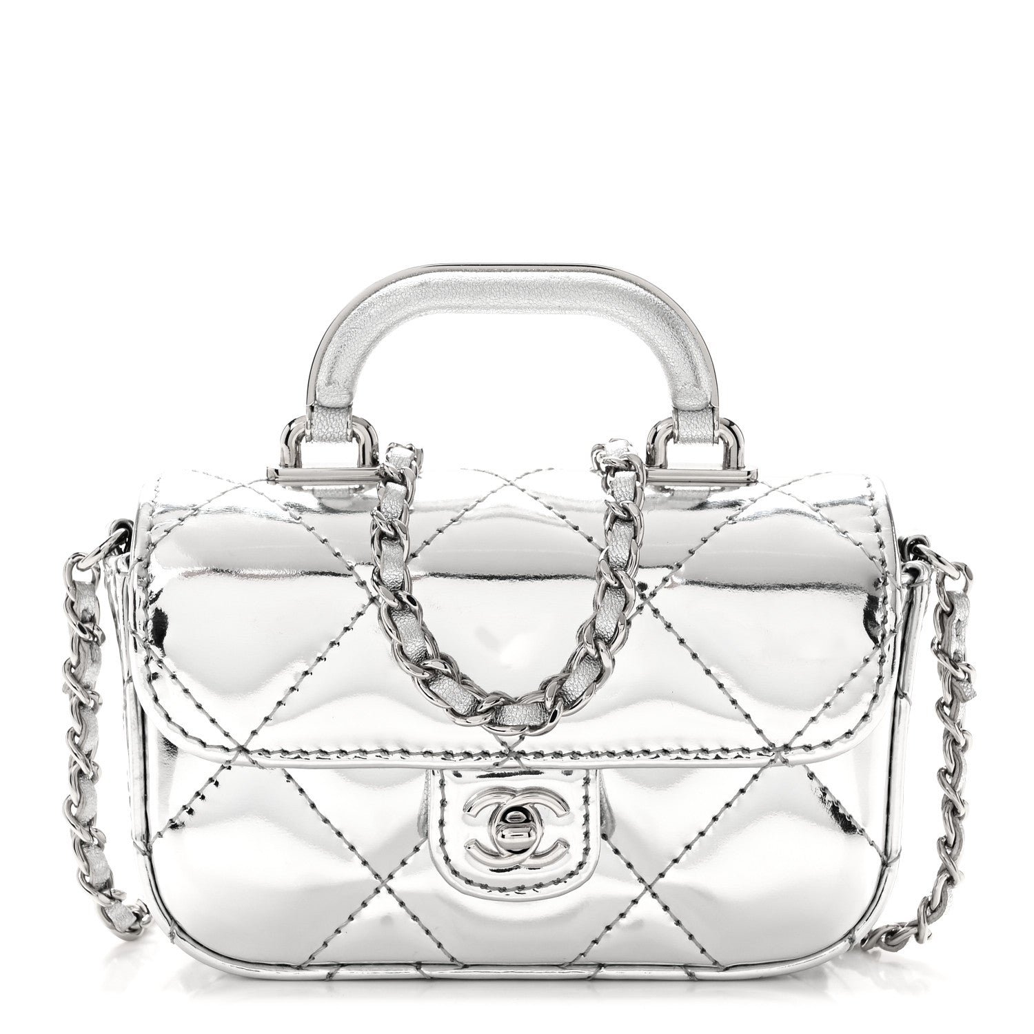 Chanel Mirror Calfskin Small Top Handle Clutch With Chain Silver