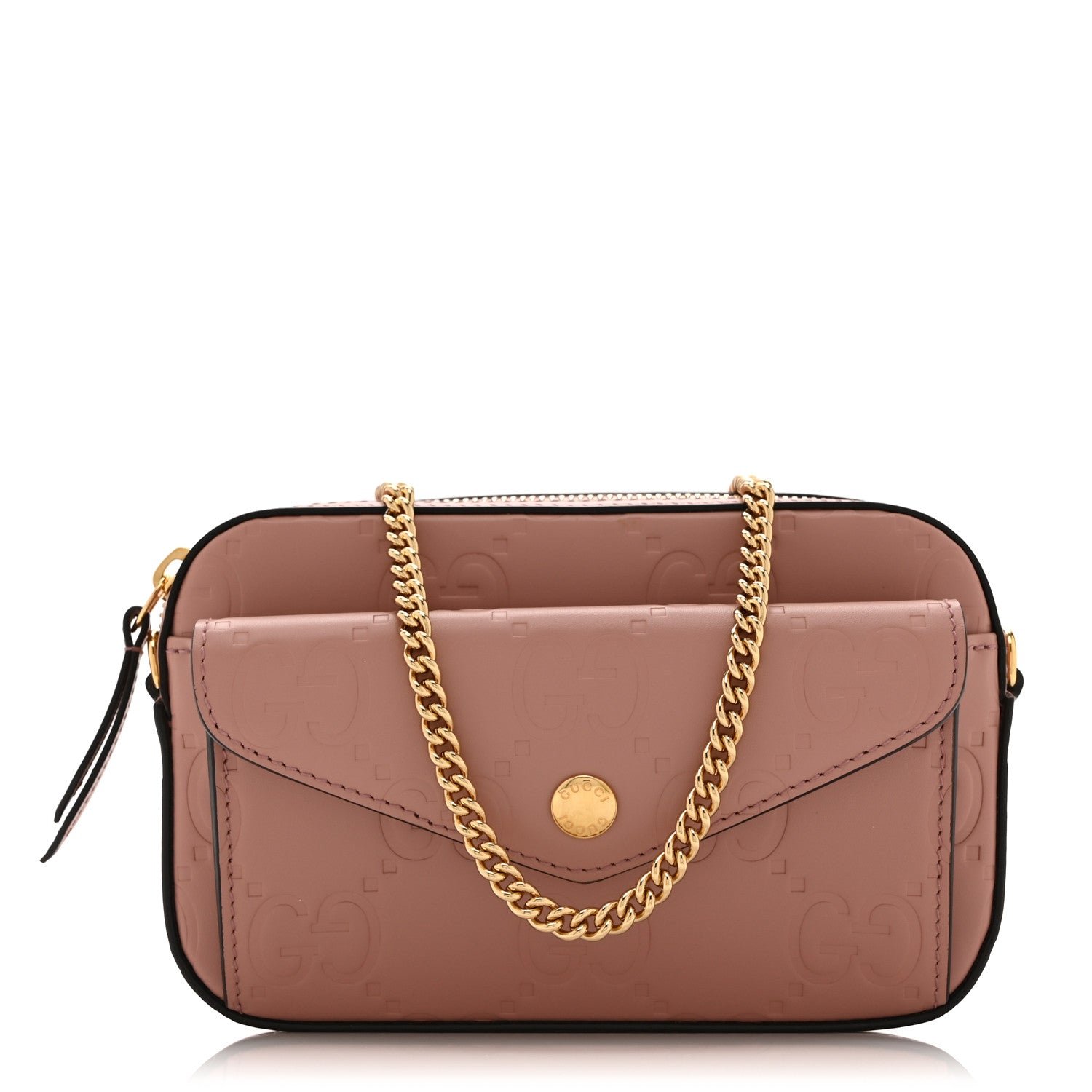 Gucci Calfskin GG Super Mini Debossed Chain Wallet Dust Carmine
