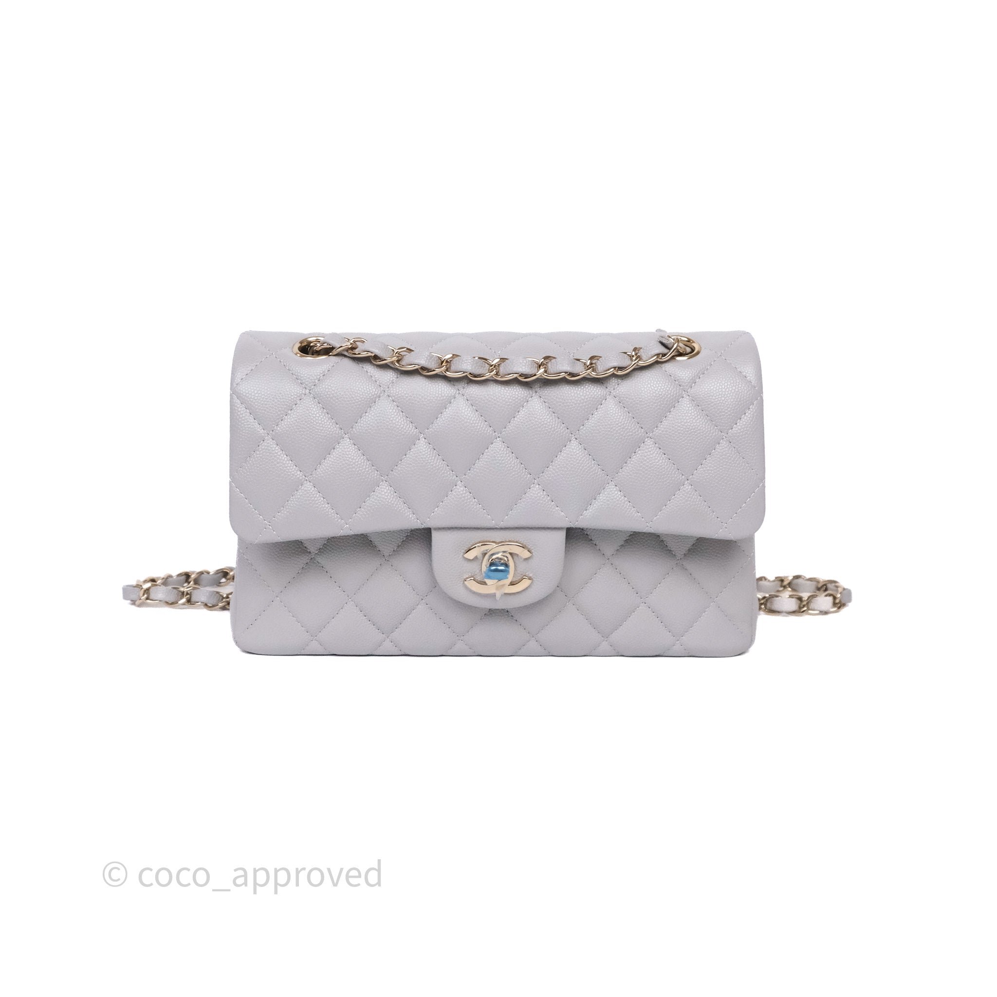 Chanel Small Classic Flap Quilted Grey Caviar Gold Hardware