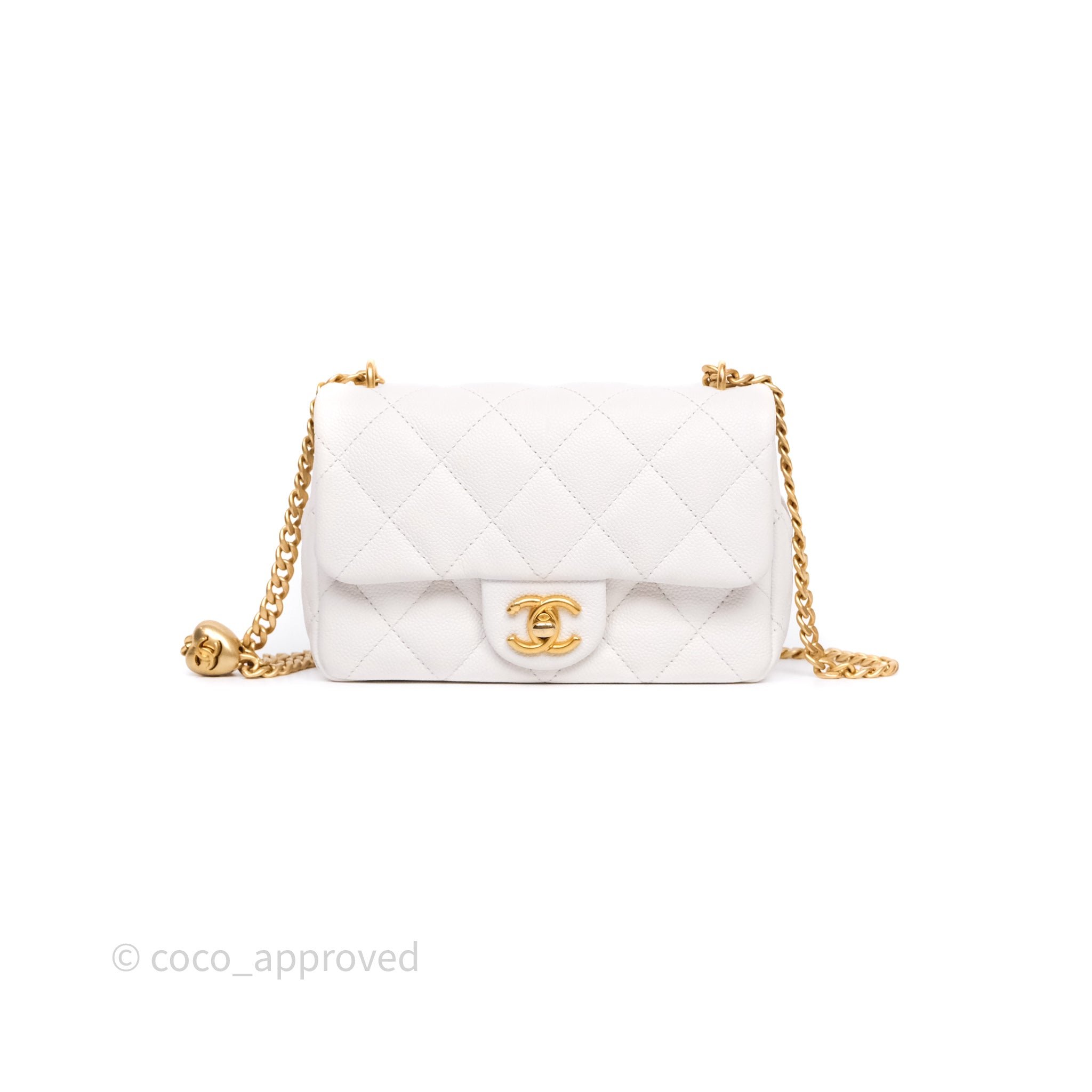 Chanel Heart Crush Mini Flap Bag White Caviar Aged Gold Hardware