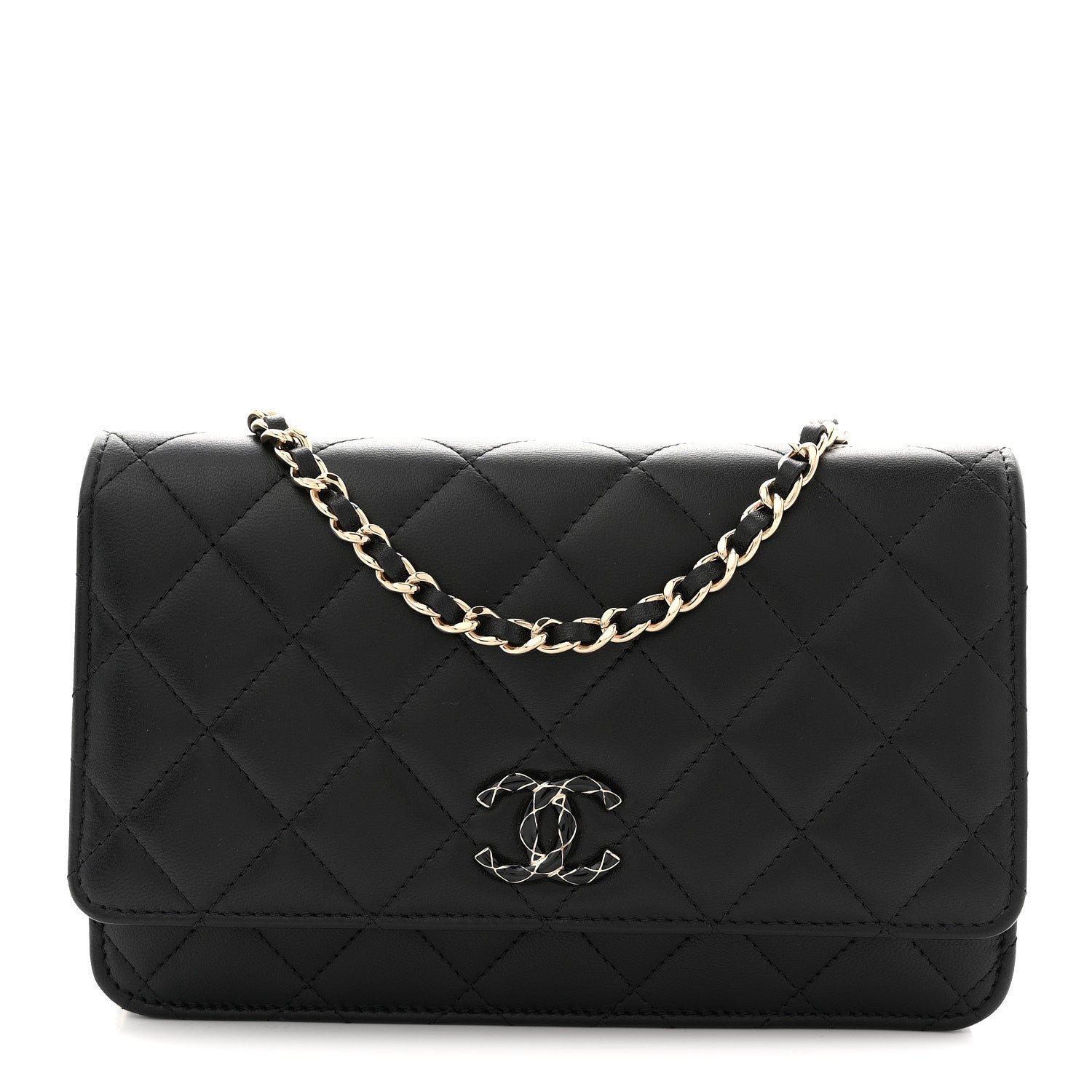 Chanel Lambskin Quilted Enamel CC Wallet On Chain WOC Black